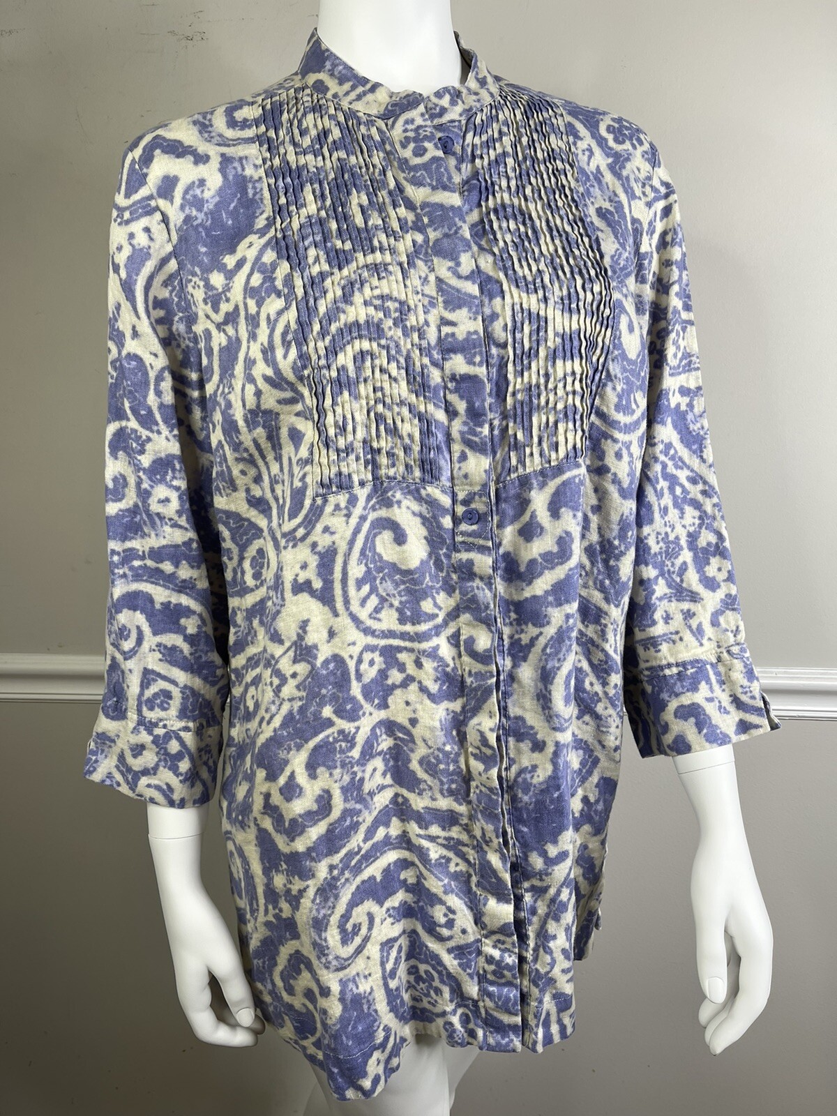 COLDWATER CREEK Womens Button TOP 3/4 Sleeve PURPLE Beige Linen Size P XL