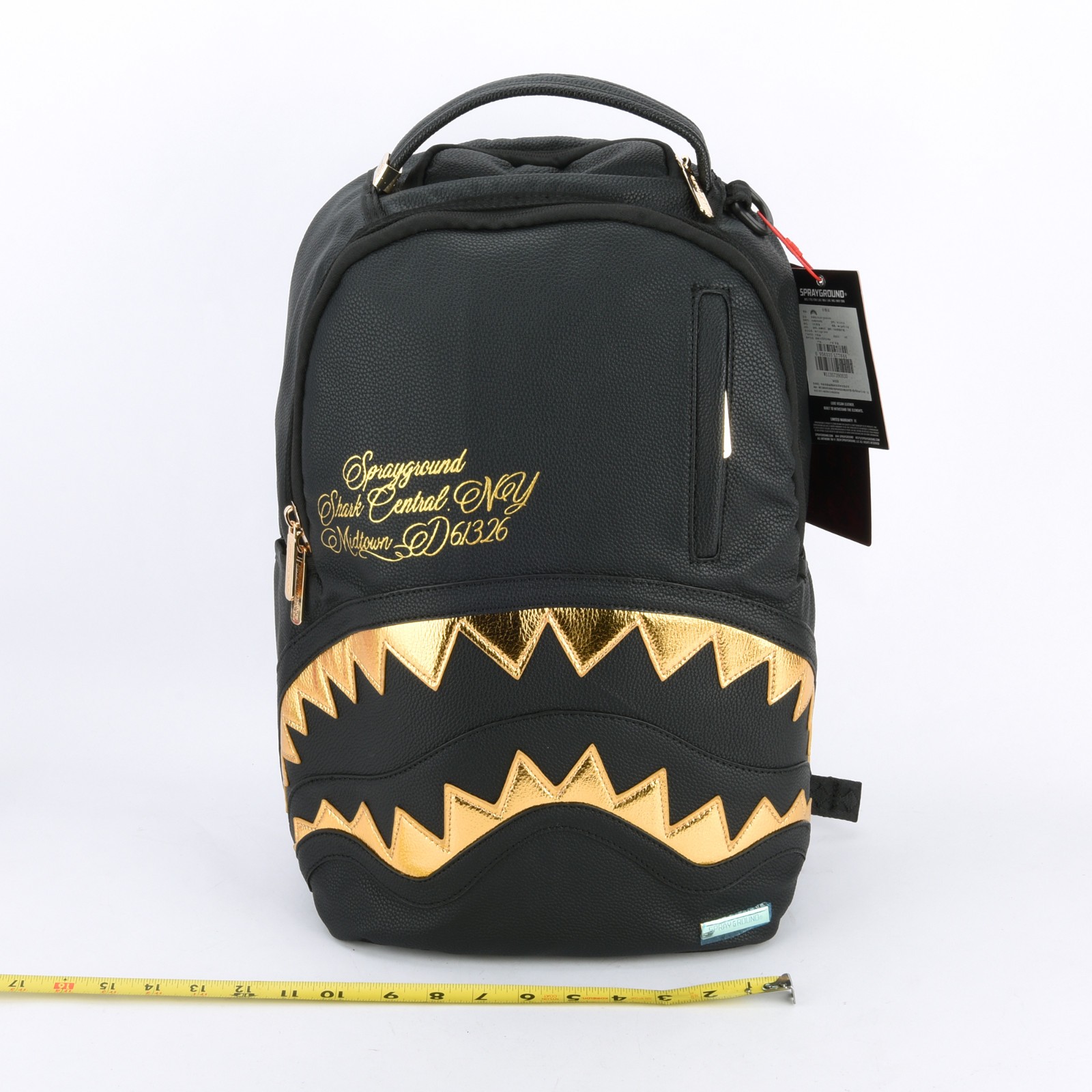 Sprayground Shark Central Gold DLXSV Leather Bag zipper Backpack Unisex Black