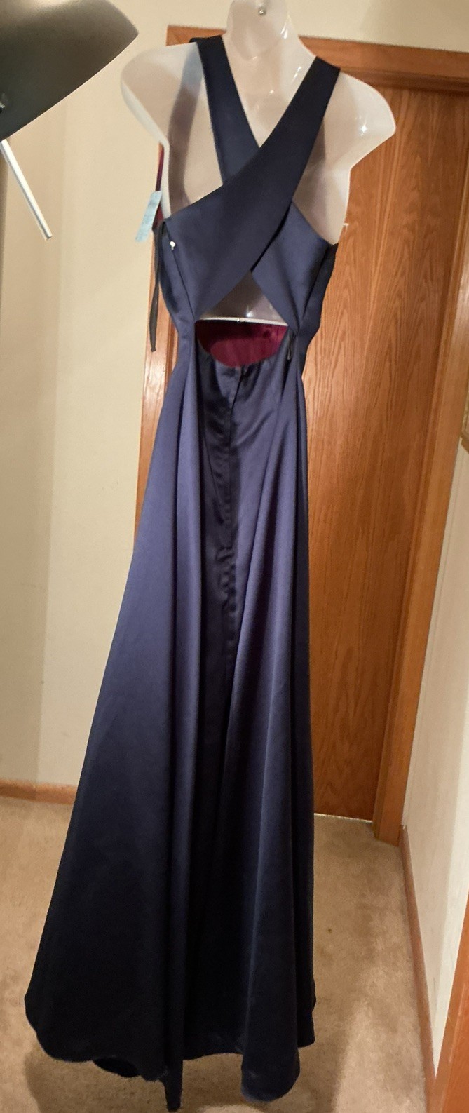 Brand New Navy Blue Satin A-Line Full Formal Bridal Long Gown cross back sz 12