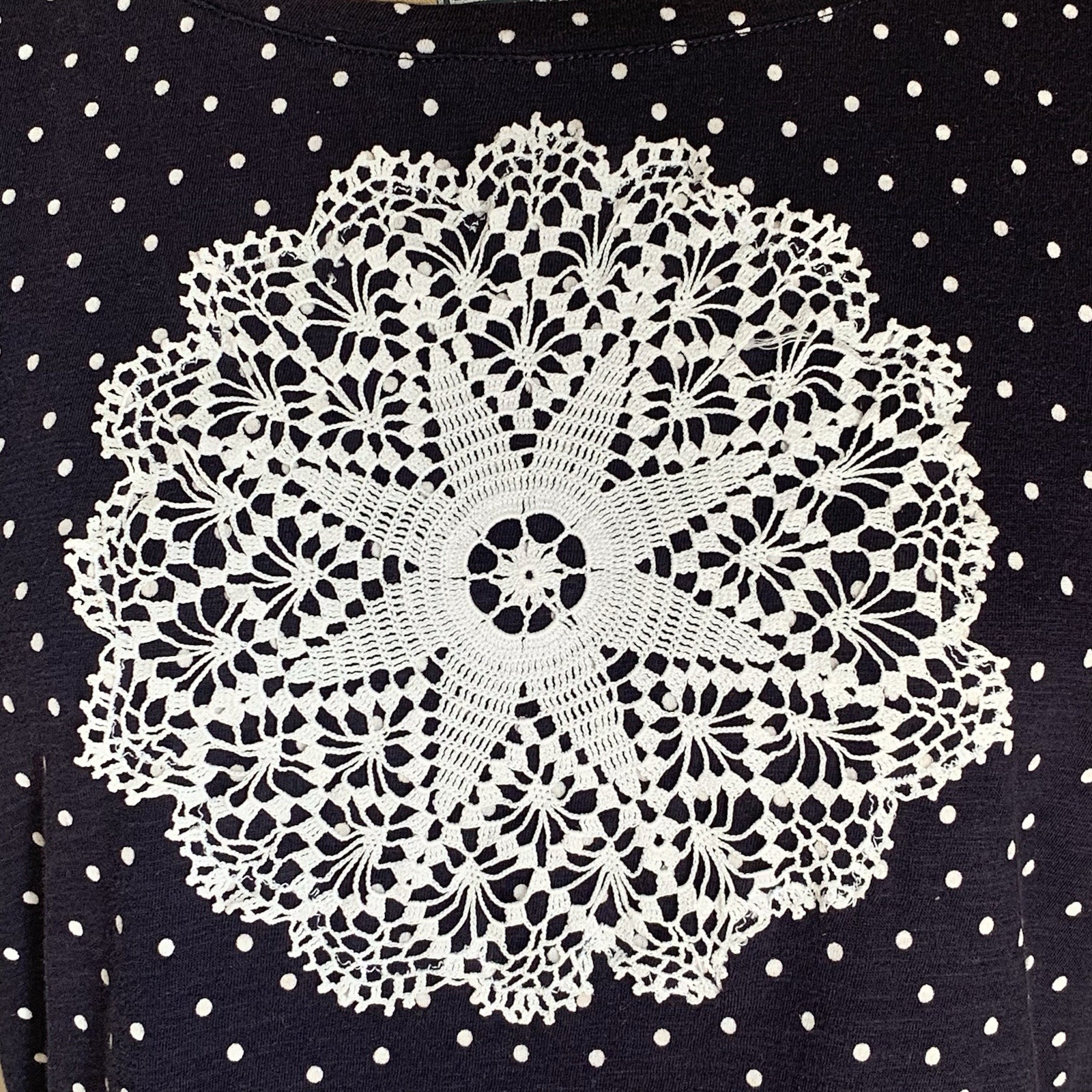 OOAK Vintage Boho LOFT Navy Polka Dot Smocked Top White Lace Doily Medallion S