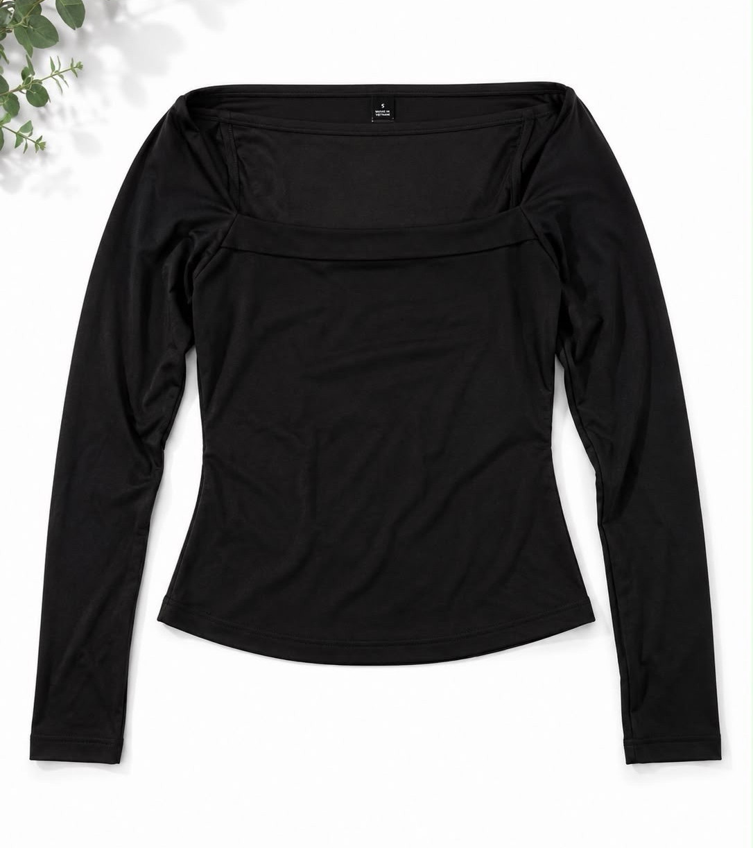 Women’s S Black Square Neck Long Sleeve Stretch Slim Fit Top