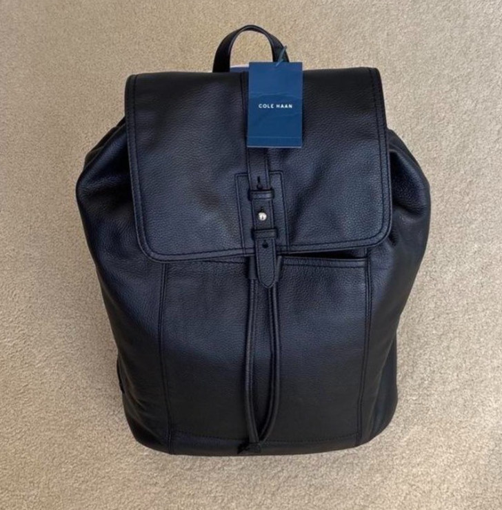 NWT Cole Haan Black Pebbled Leather Drawstring Flap Backpack– Premium Luxury Bag