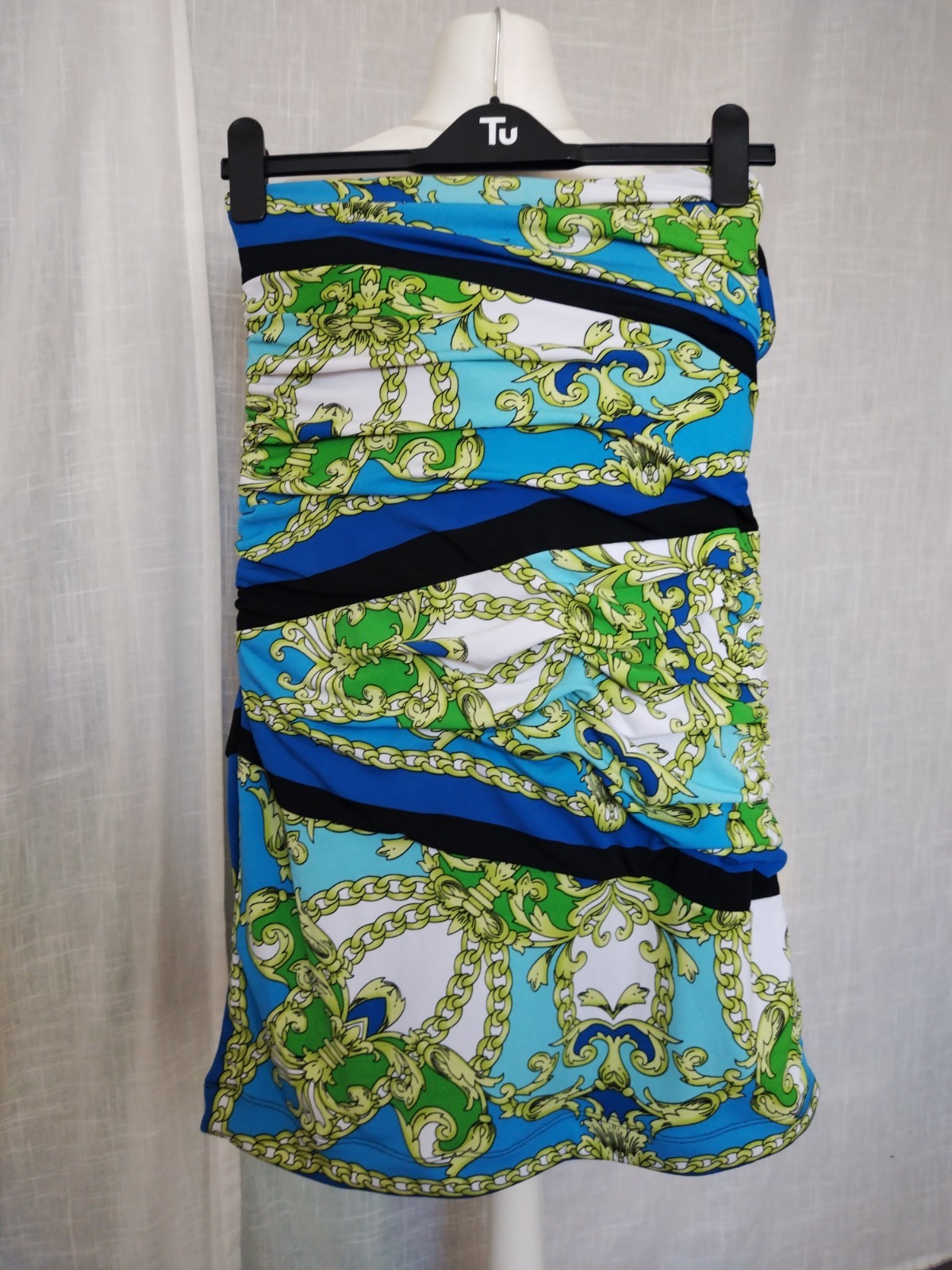 L, Arden B, Blue Green​ White​ Chain Paisley Pattern Strapless Ruched Mini Dress
