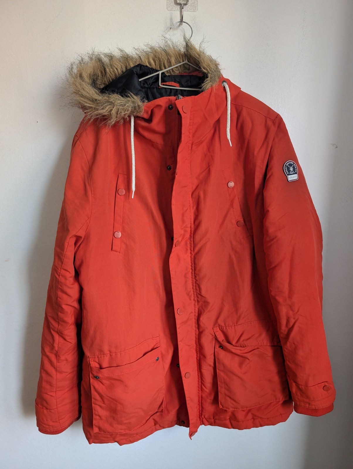 Henle’s Orange Hooded Coat Fur Trim Size M (T25)