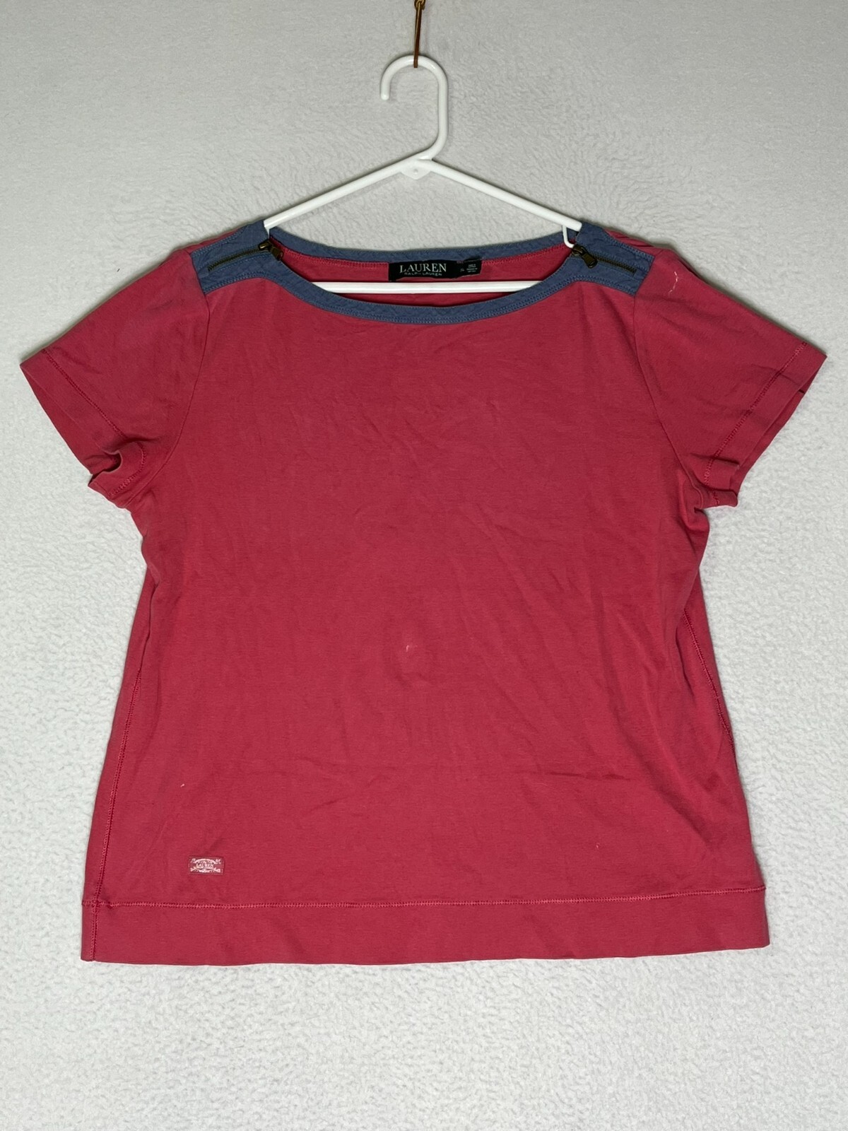 Lauren Ralph Lauren Red Blue Trim & Zipper Shoulders T-Shirt Top Women’s Size XL