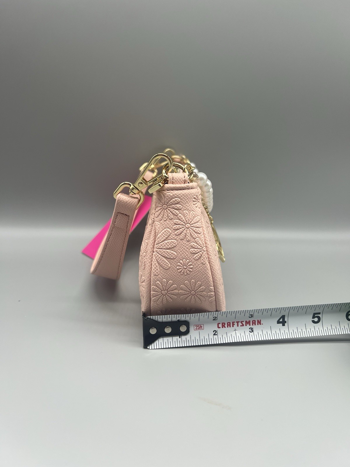 Betsey Johnson Pink Embossed Shoulder Bag Zip Pearl Chain Detach Strap NEW