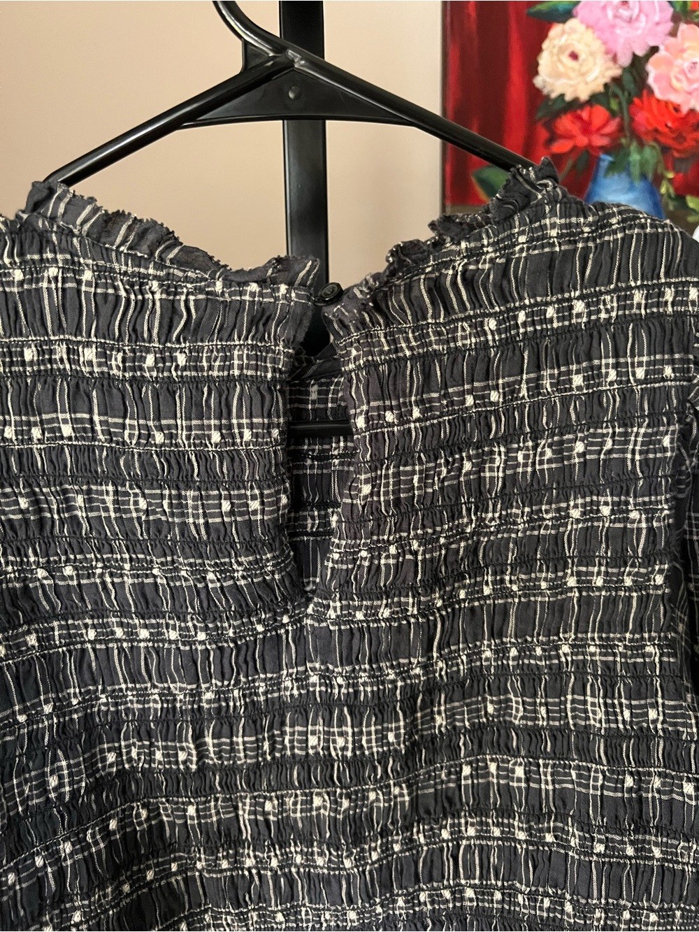 THE GREAT. Smocked Plaid Long-Sleeve Peplum Top