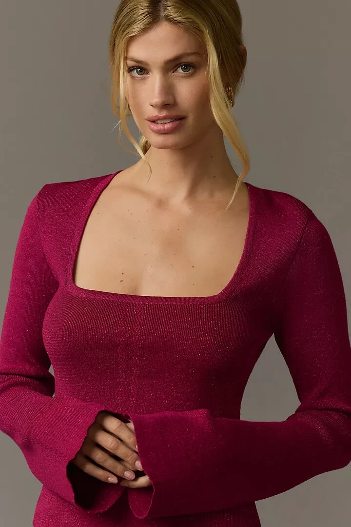 NWT Anthropologie Maeve Square-Neck Bell-Sleeve Sweater Size M Raspberry #B1409