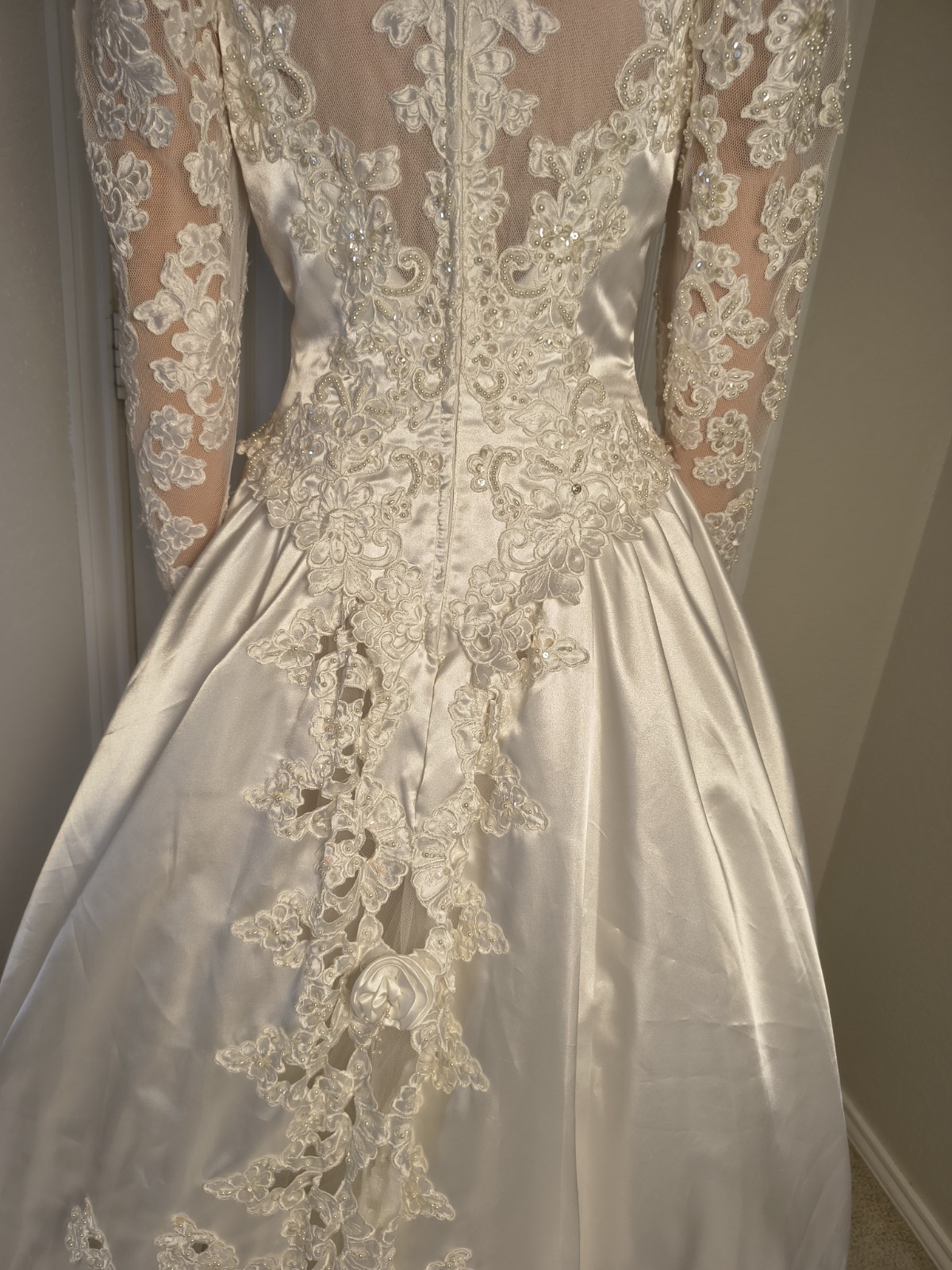 Vintage Victorian High Neck Wedding Dress Satin Lace 80s 90s Size 8 Mori Lee -43