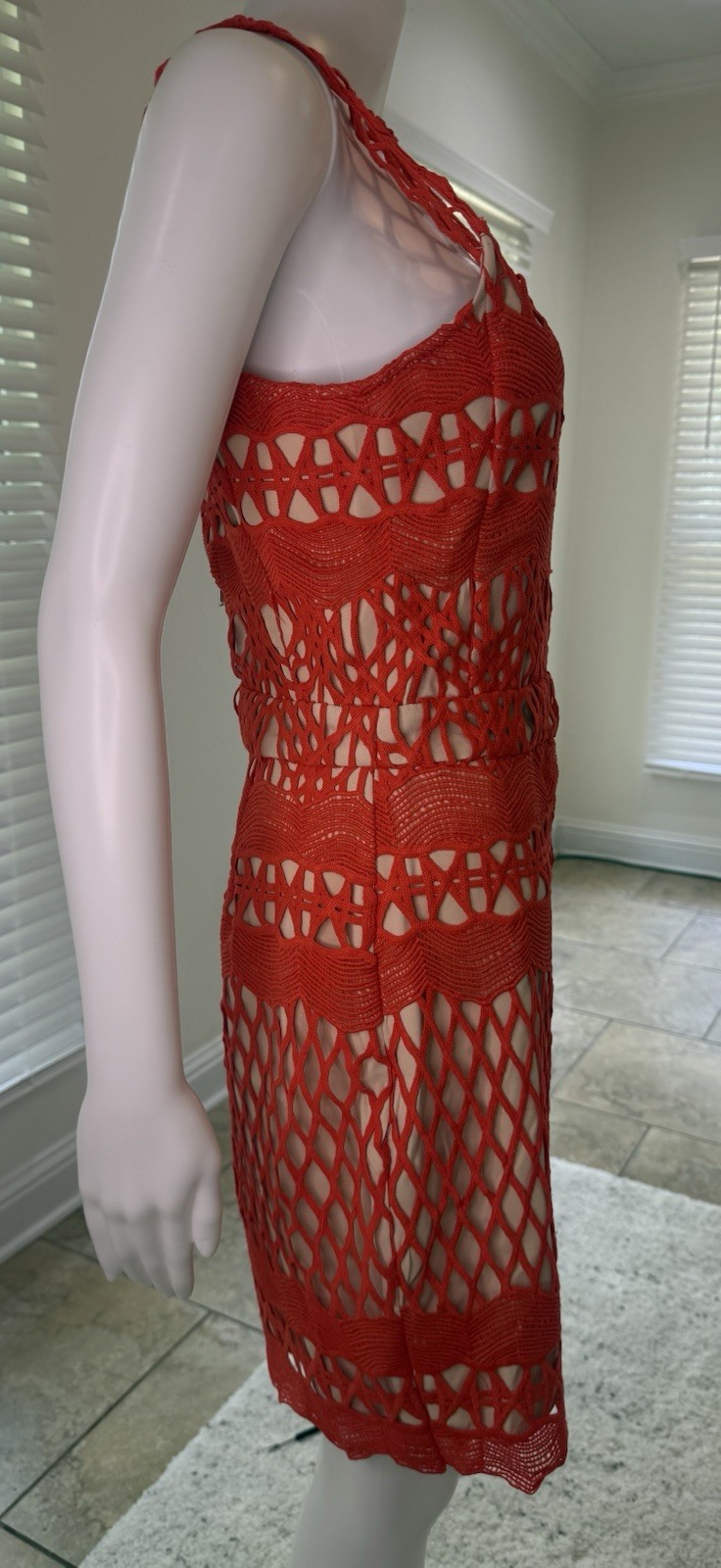 Endless Rose Women’s Guipure Lace Bodycon Dress in Orangish-Red/ Chili Size M