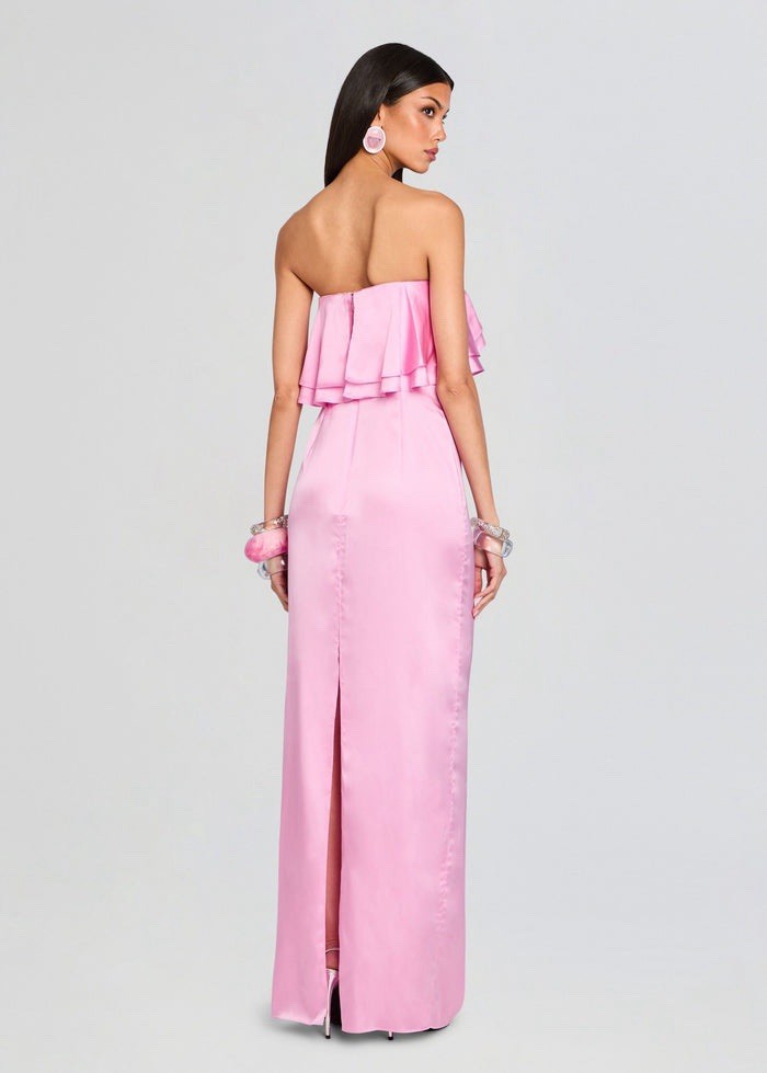 $798 Retrofete Queenie Strapless Pink Ruffle Satin Designer Maxi Dress Small