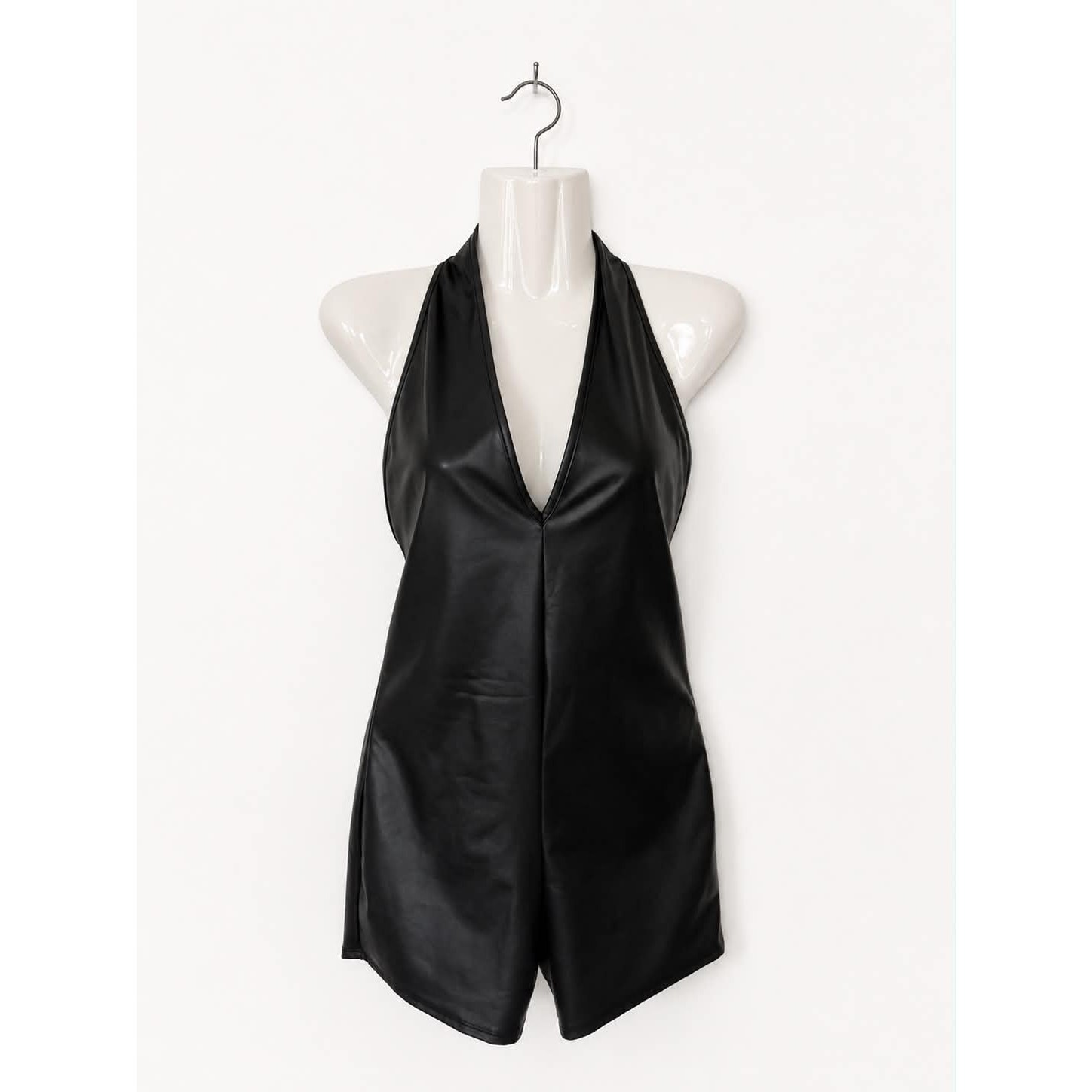 Black Faux Leather Halter Romper Open Back Plunge Neck Size Medium Runs Small 🖤