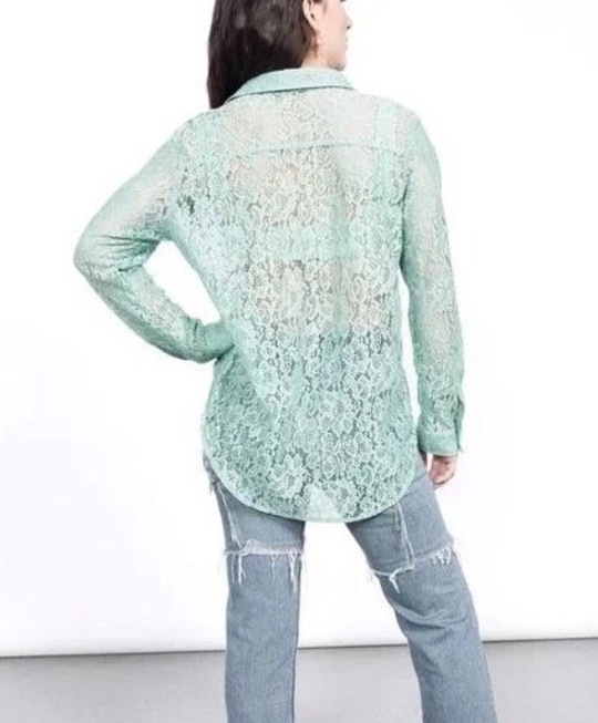 Wildfang Empower Lace Button Up Long Sleeve Shirt In Mint X-Large