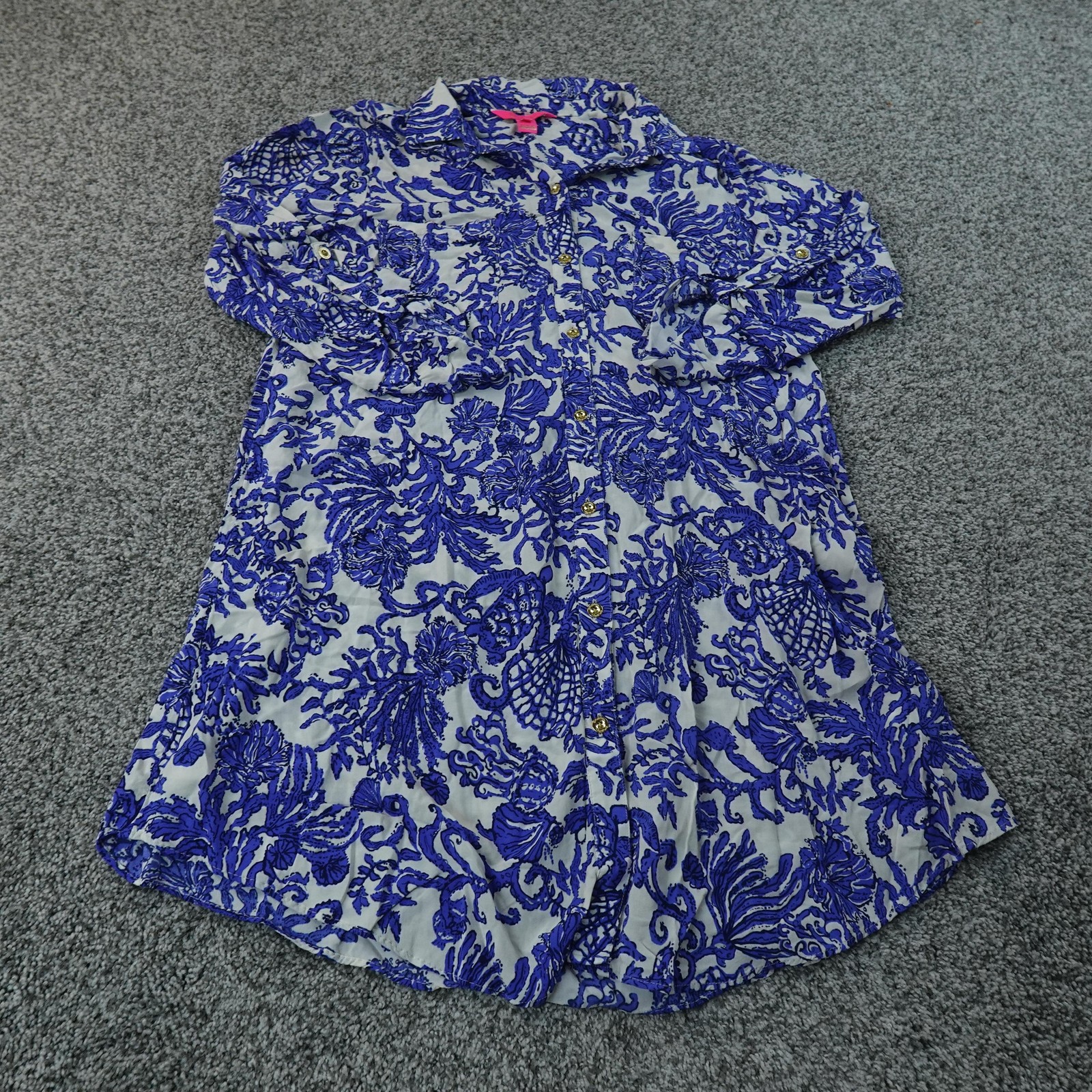 Lilly Pulitzer Dress Womens M Blue Tropical Floral Button Shirt Long Sleeve Top