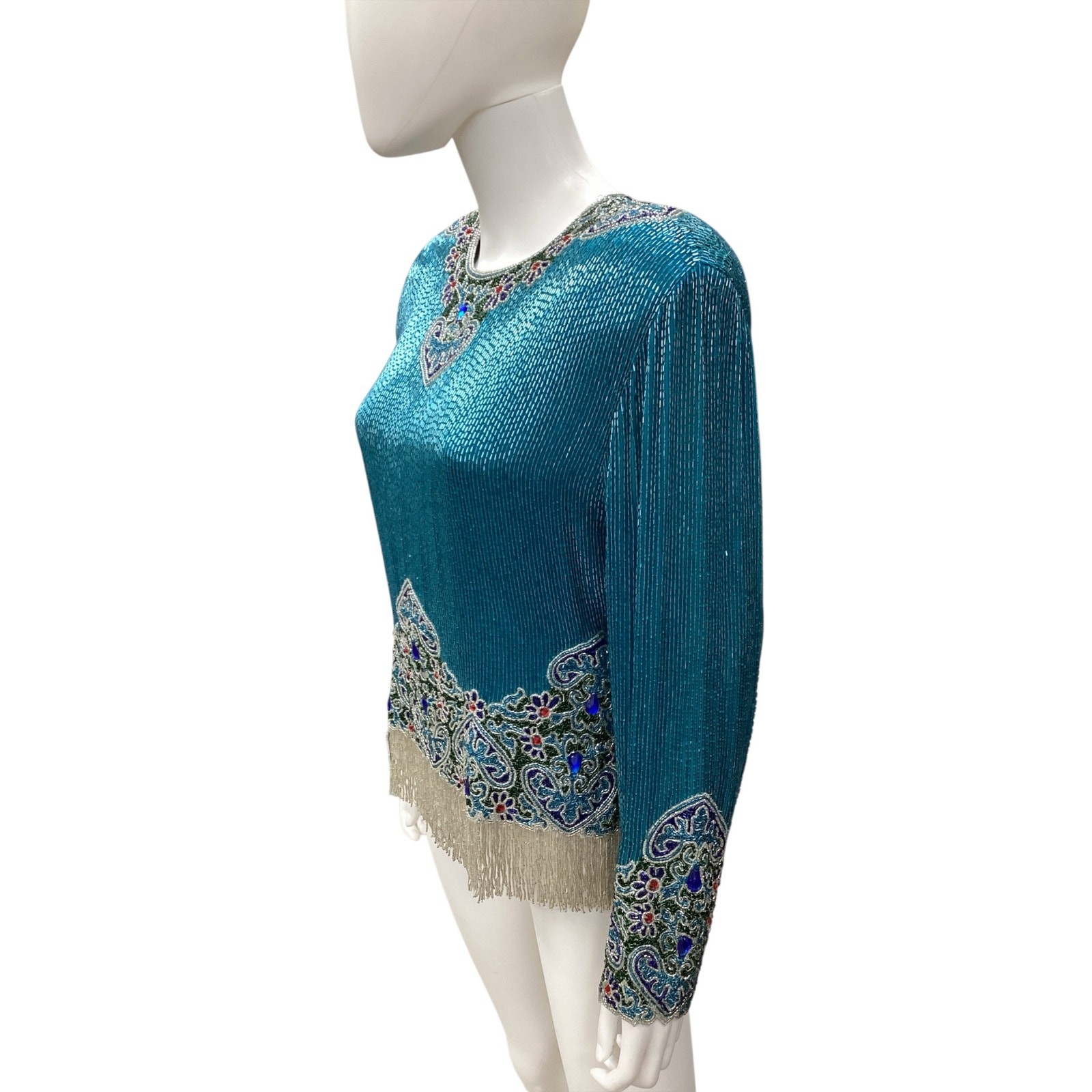VTG Nadeem Khan For Saks Fifth Avenue Top Women’s SZ M Totally Beaded Turquoise