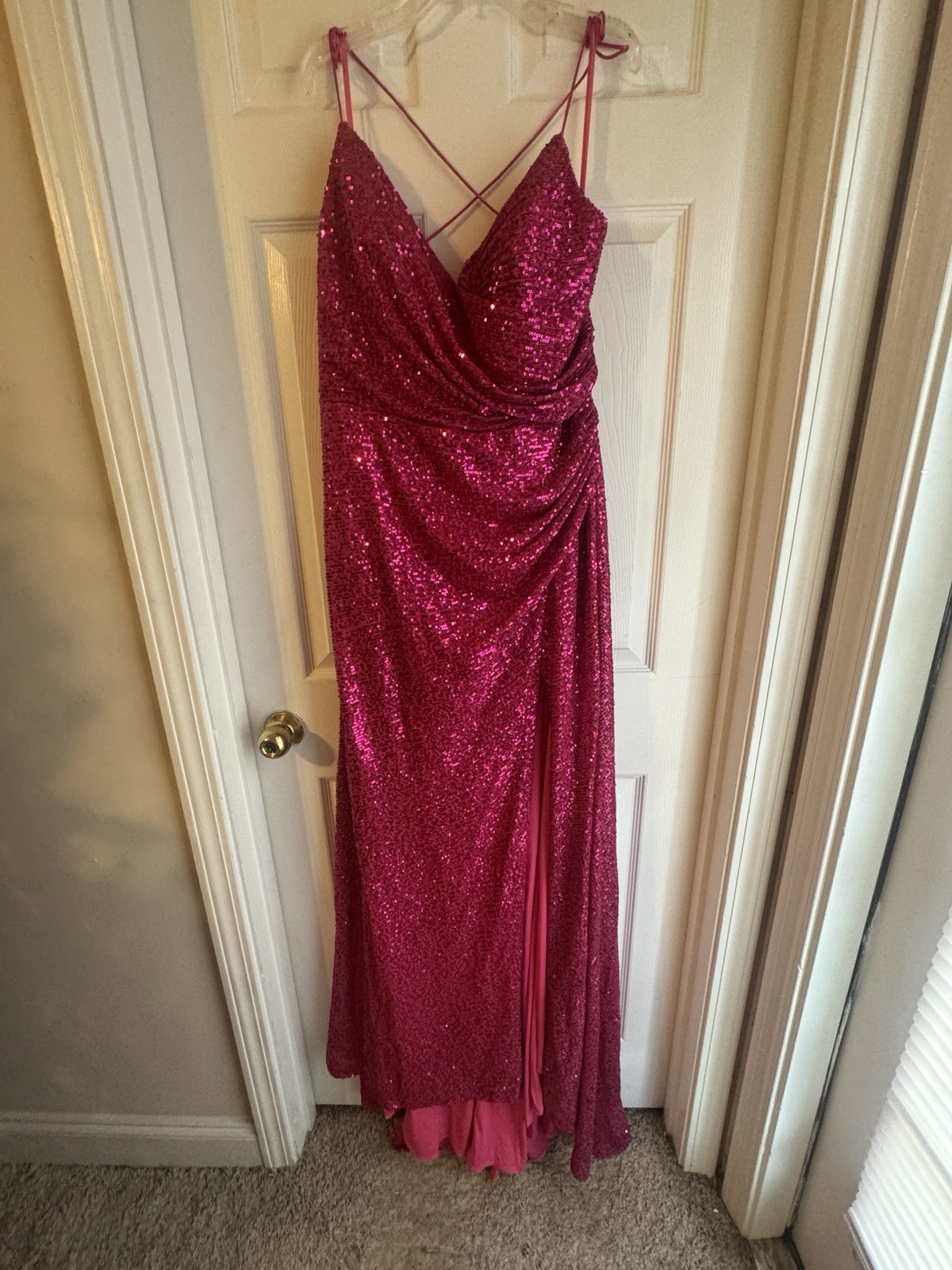 Clelias Boutique Pink Sequin V-Neck Spaghetti Strap Long Gown Slit XL