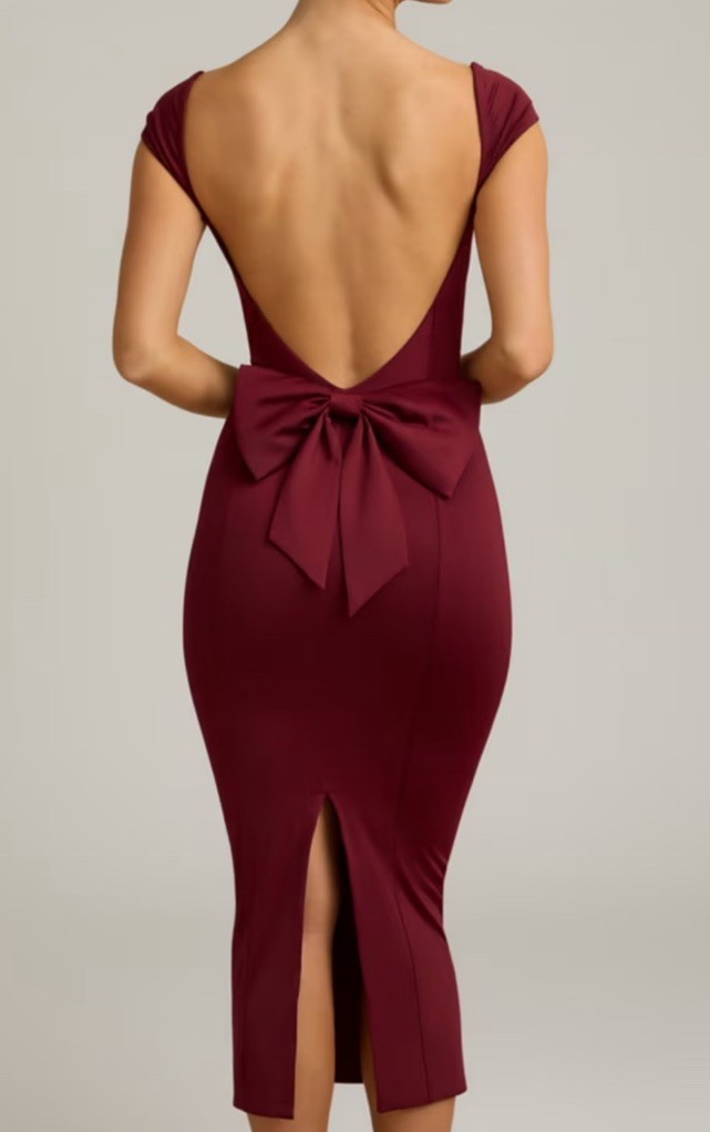 OH POLLY Ravina Silky Burgundy Jersey Backless Dress With Bow UK 8 US 4 NWT