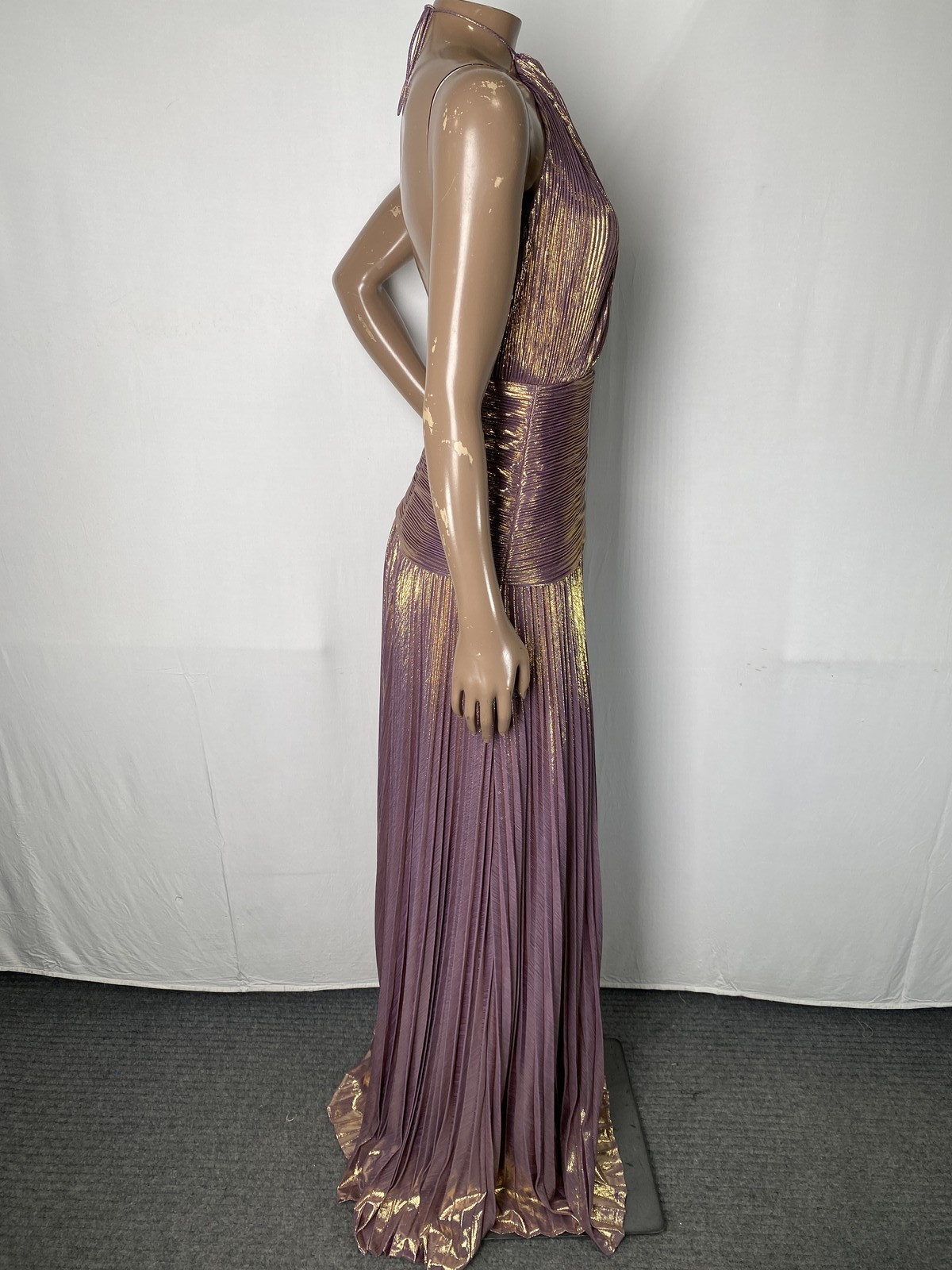 Retrofete Womens Maxi Dress Purple/Gold Size S Thalia Halter Neck Pleated