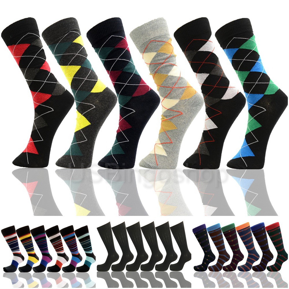 Lot of 6 Pairs Men’s Cotton Argyle Diamond Striped Rib Black Dress Socks 10-13