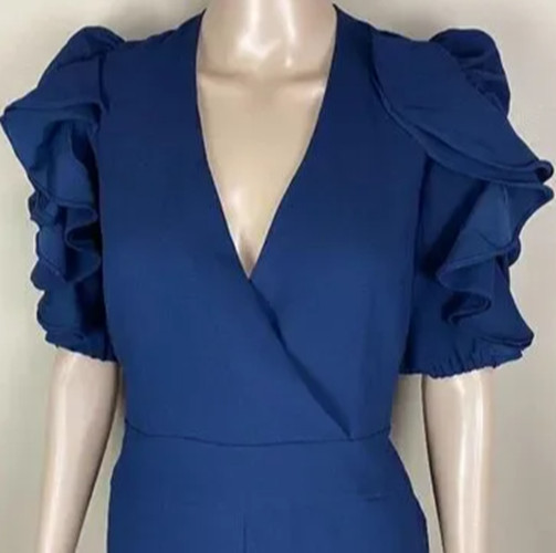ML MONIQUE LHUILLIER Deep V-Neck Elbow Ruffle Sleeve Crepe Cropped Jumpsuit, 2