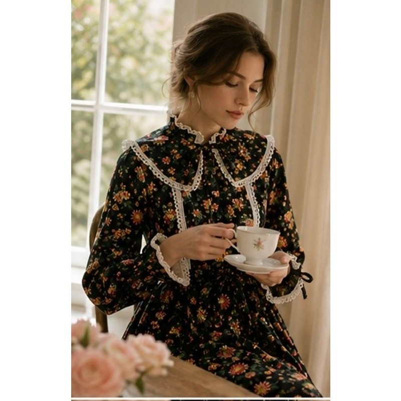 NWT Batsheva x Laura Ashley Devon Floral Cotton Poplin Midi Dress Black Sz 6