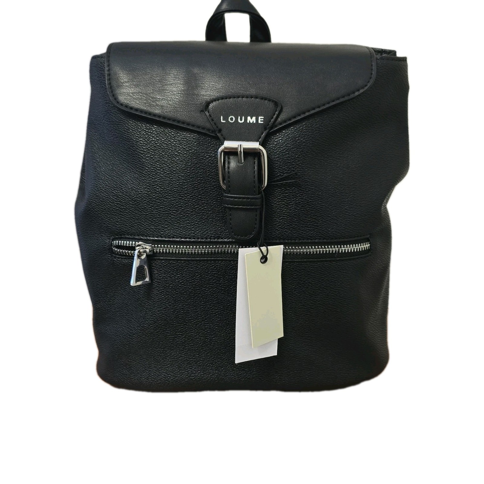 LOUME Black Pebbled Backpack Silver Hardware Front Zip Pocket Magnetic Buckle