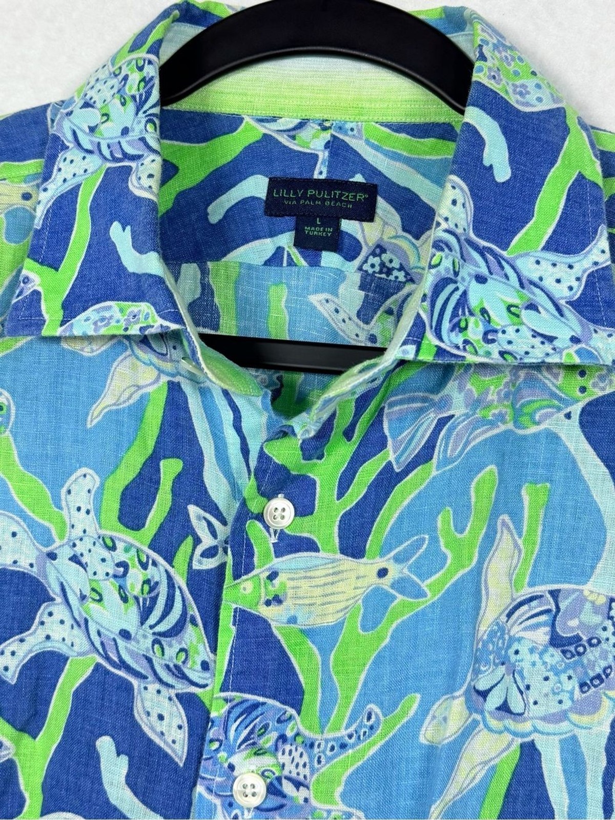 Lilly Pulitzer Men’s Stuff Wyeth 100% Linen Shirt L Sea Turtle Coral Blue Print