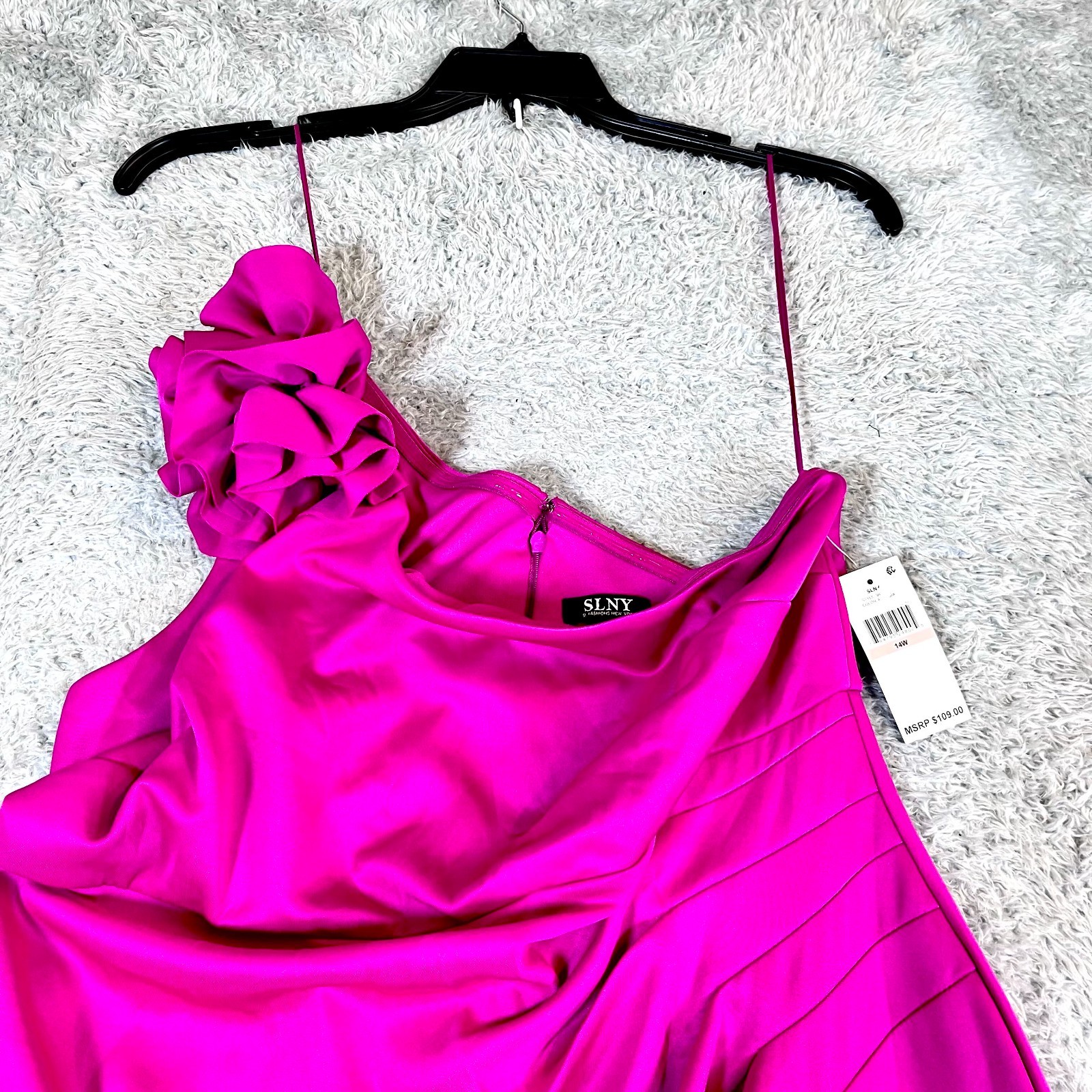 SLNY Womens Solid Fuchsia Pink One Shoulder Maxi Dress Size 14W