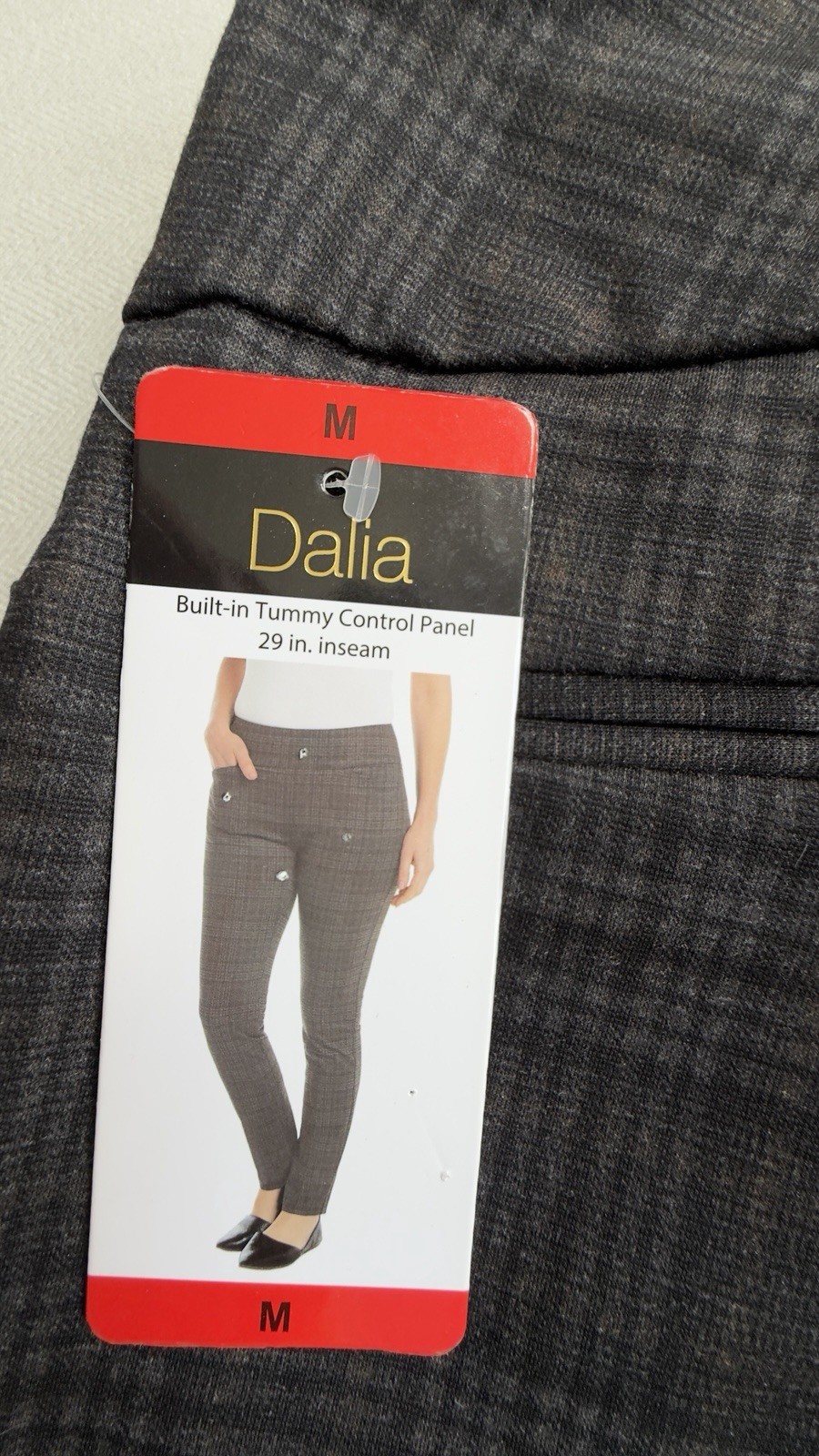 Dalia Women’s Charcoal/Mustard Plaid Pull-On Skinny Dress Pants Pockets M
