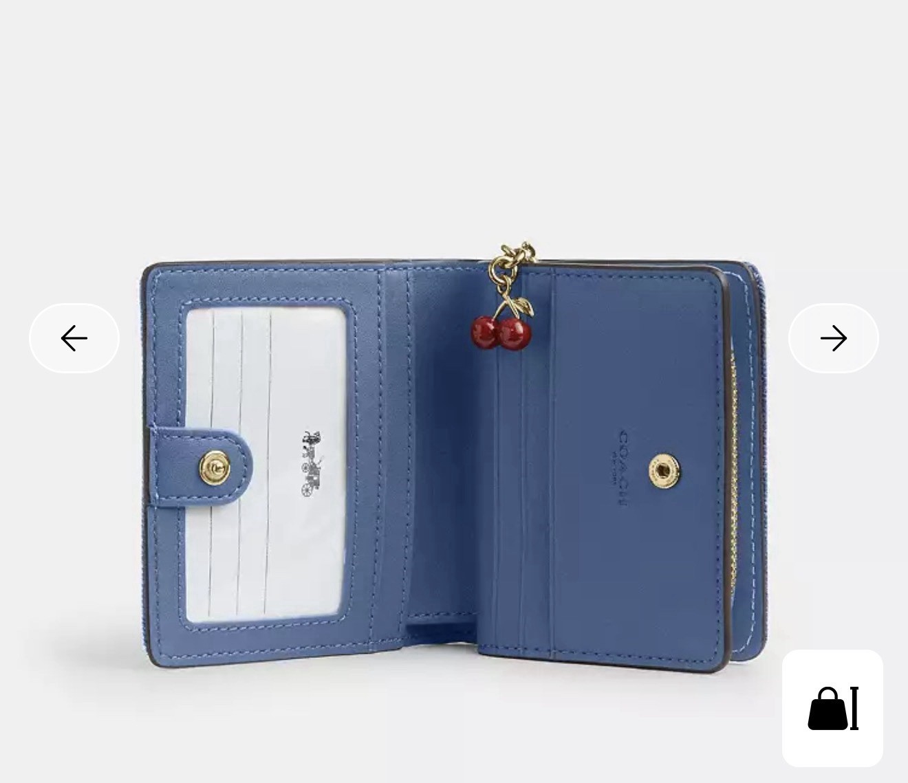 🍒 COACH Snap Wallet In Loved Denim With CHERRIES Charm CEC35 Gold/Light Indigo