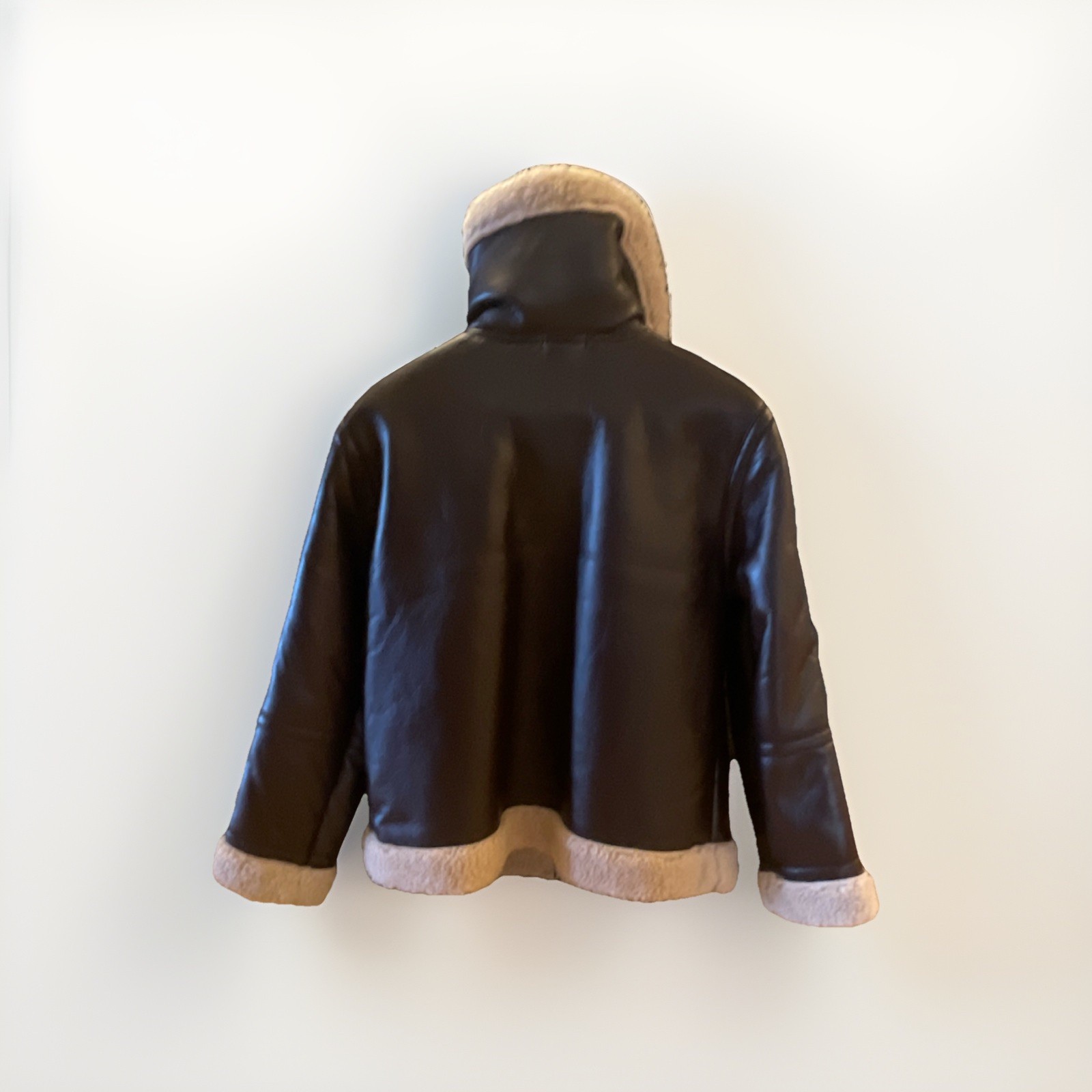 TOPSHOP Shearling Lined Biker Jacket Fur Trim Buckle Zip Brown US 4-6