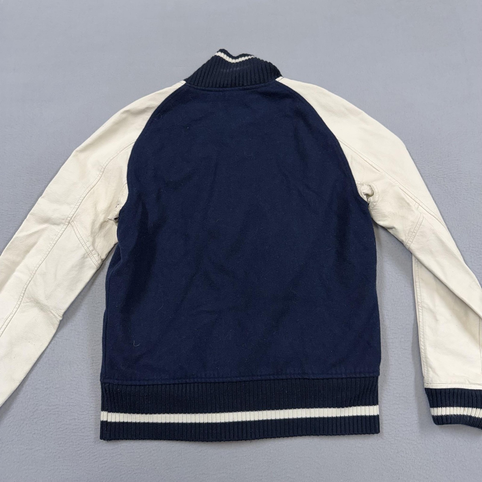 Jcp Jacket Mens Small Blue Wool Varsity Genuine Leather Sleeves Snap Front