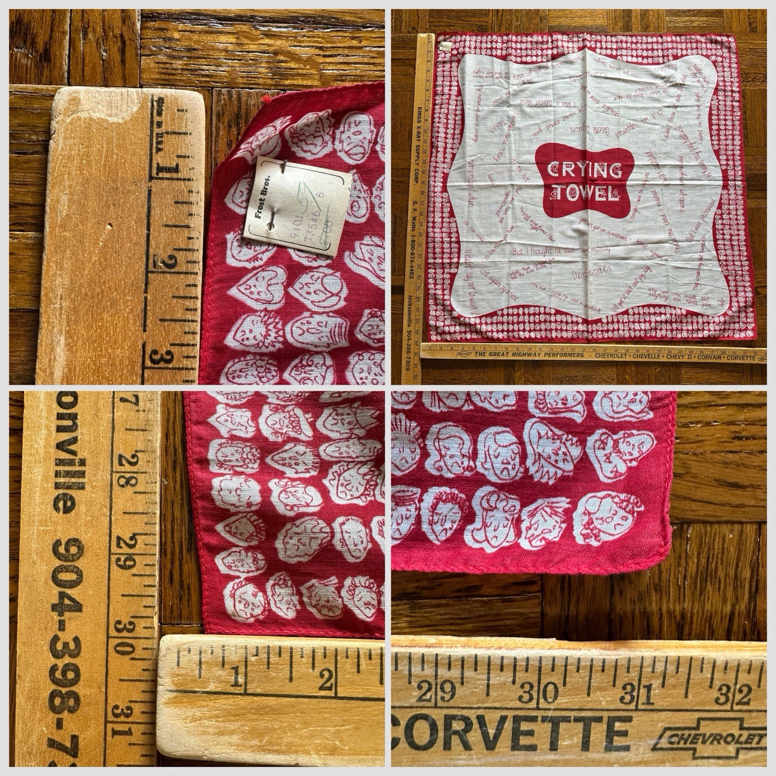 NOS 1950s Symphony ‘Crying Towel’ Novelty Political Bandana Humor Scarf Red VTG