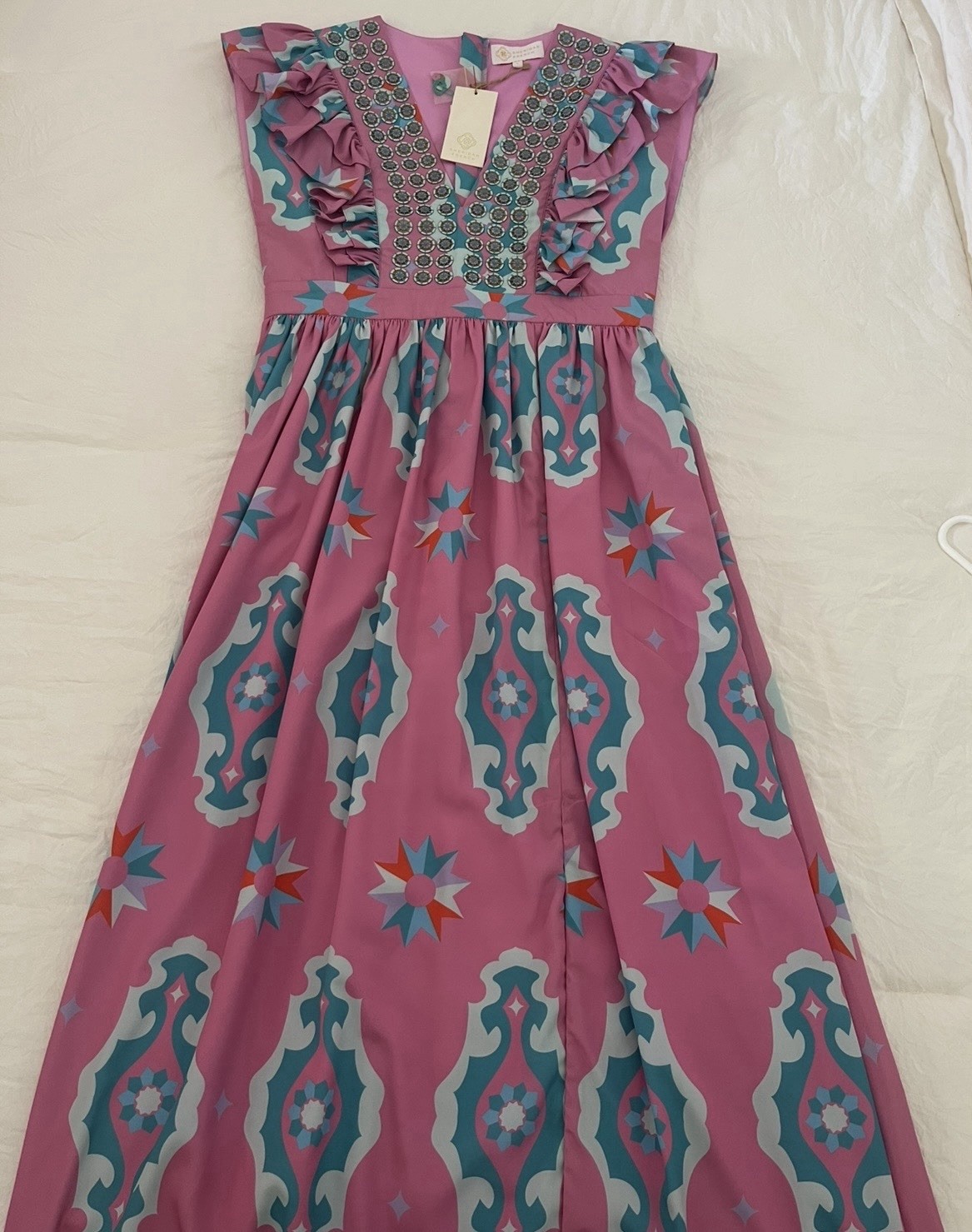 Sheridan French Pink Printed Maxi Dress Women’s Large Ruffle Trim NWT
