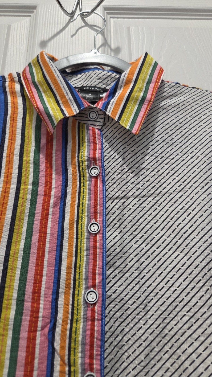 Ali Miles Stripe Point Collar 3/4 Cuffed Sleeve High-Low Hem Button-Front Shirt