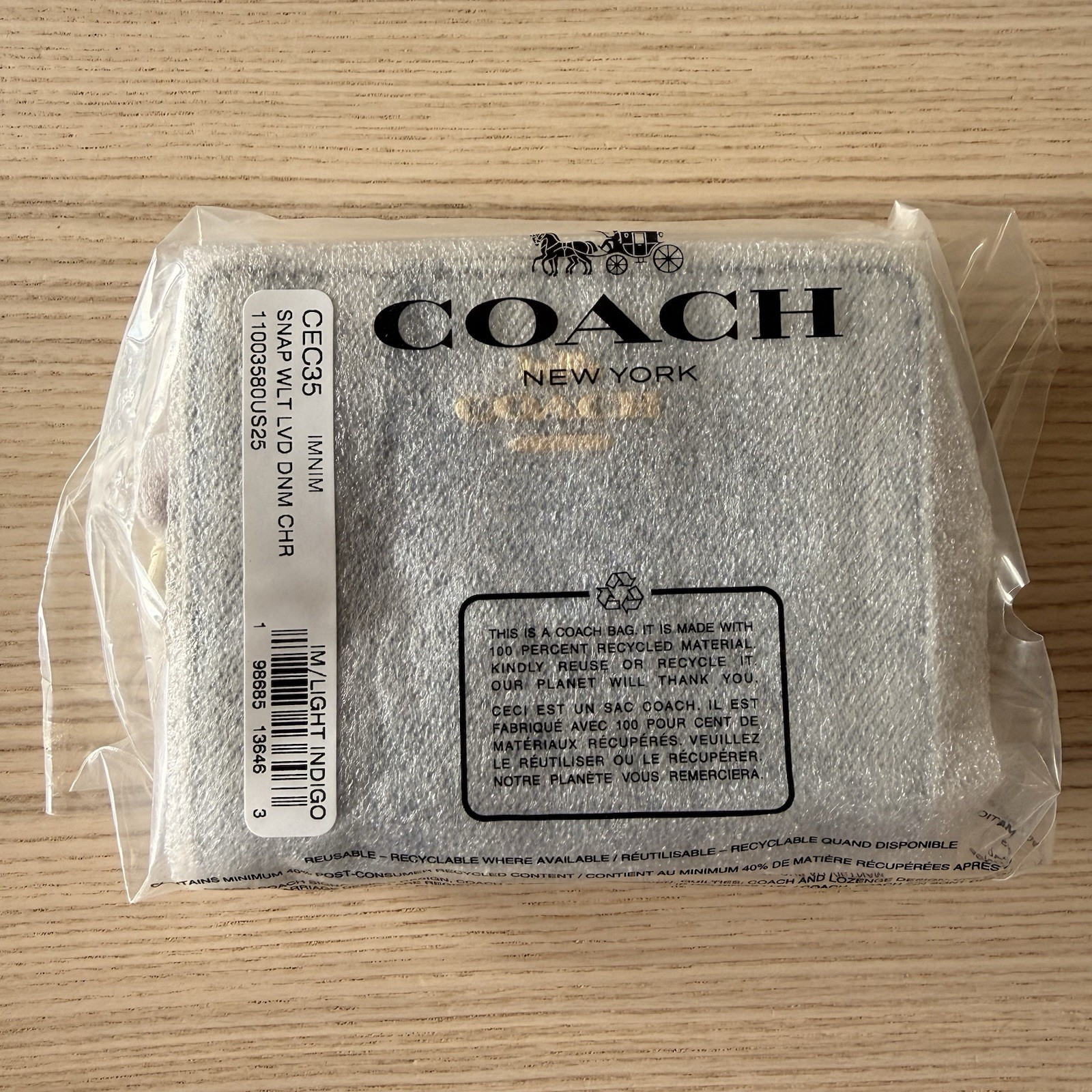 🍒 COACH Snap Wallet In Loved Denim With CHERRIES Charm CEC35 Gold/Light Indigo