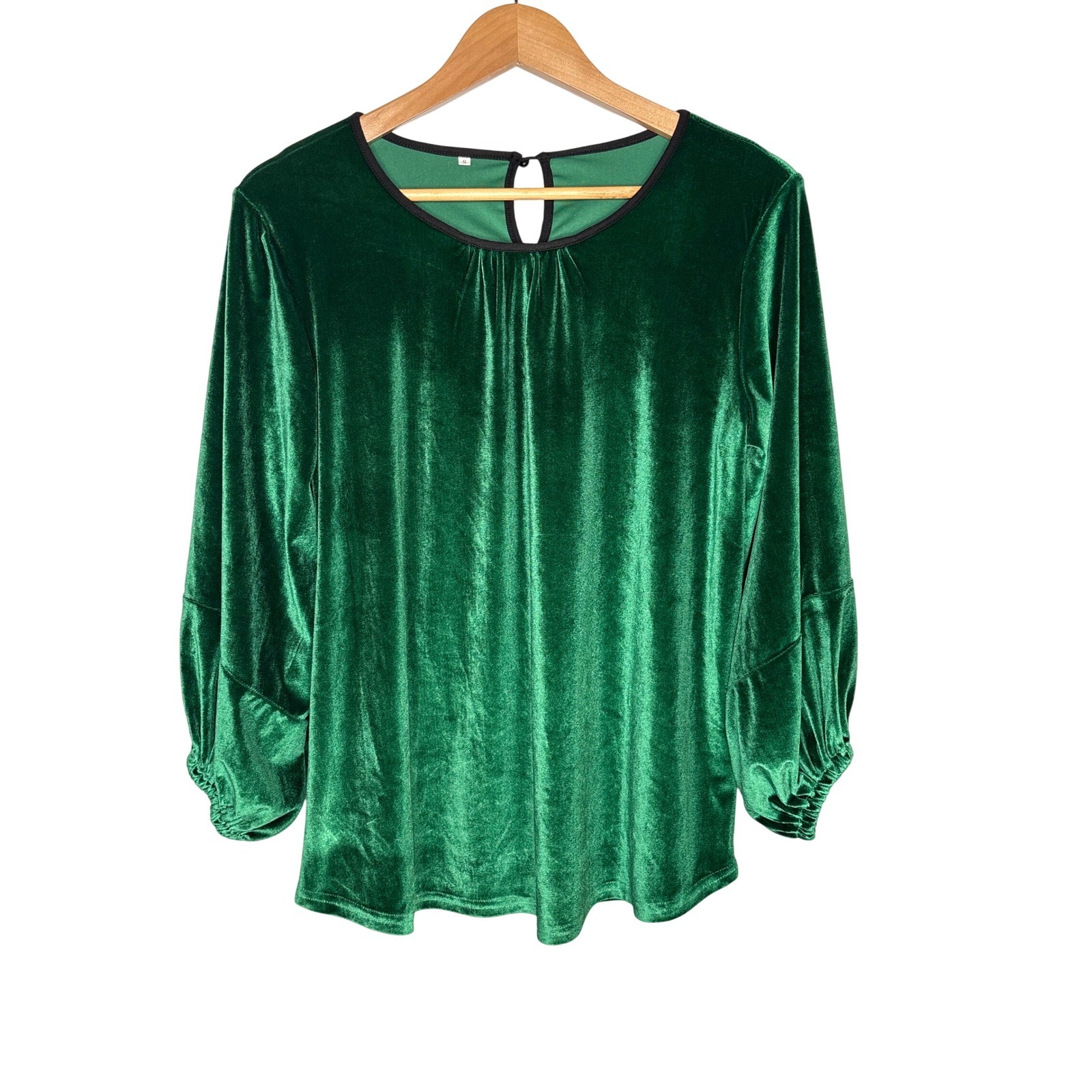 Velvet Bishop Sleeve Top Emerald Green Keyhole Back Holiday Women Size Small