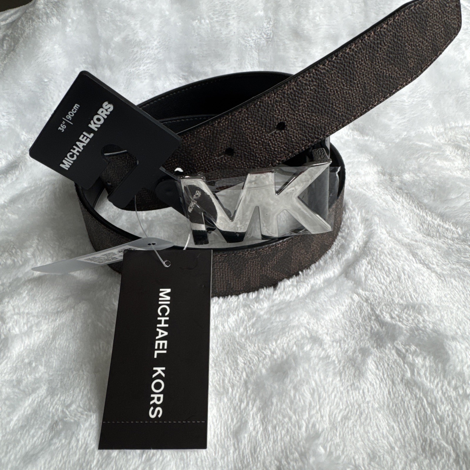 ORIGINAL Michael Kors Men’s Black/Brown Logo Buckle Dress Belt Size 36 NEW