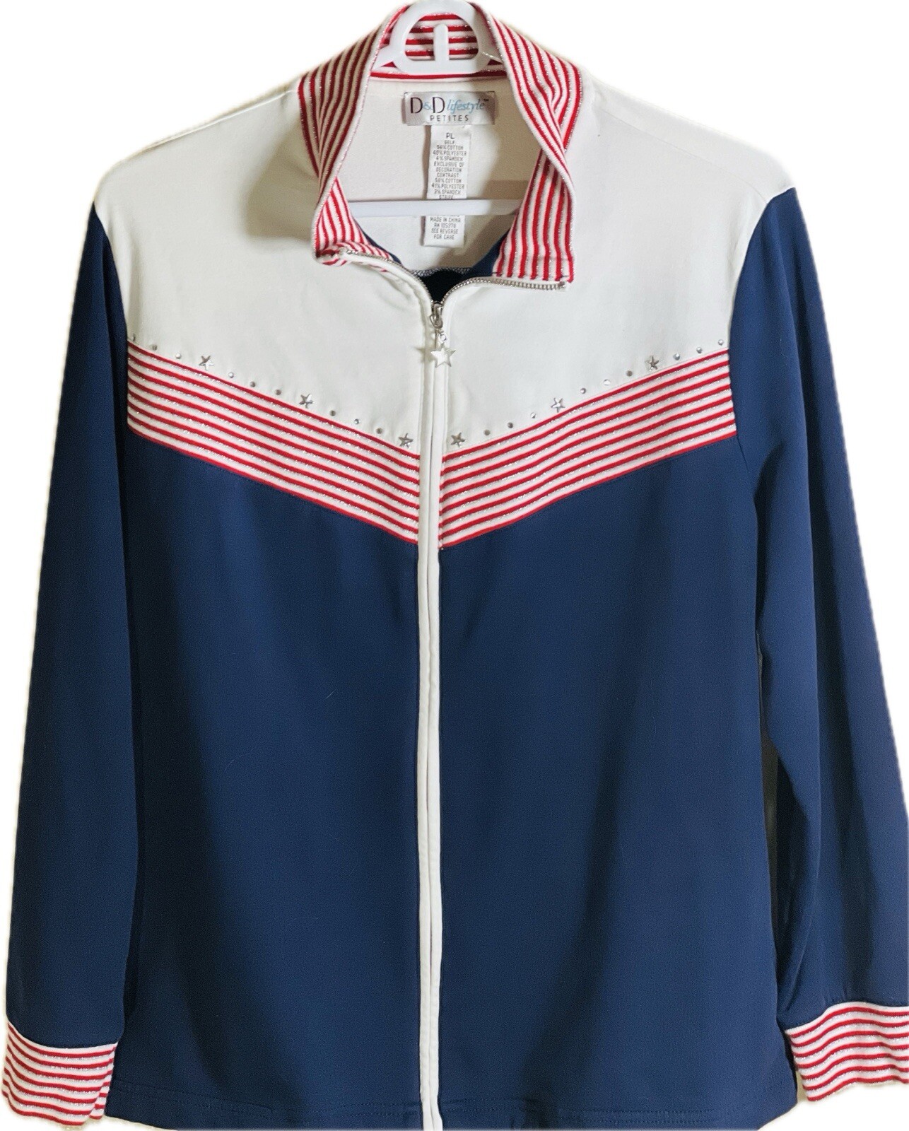 D&D Lifestyles Top Jacket Women Size LP Full Zip W/Pockets Rhinestones Patriotic