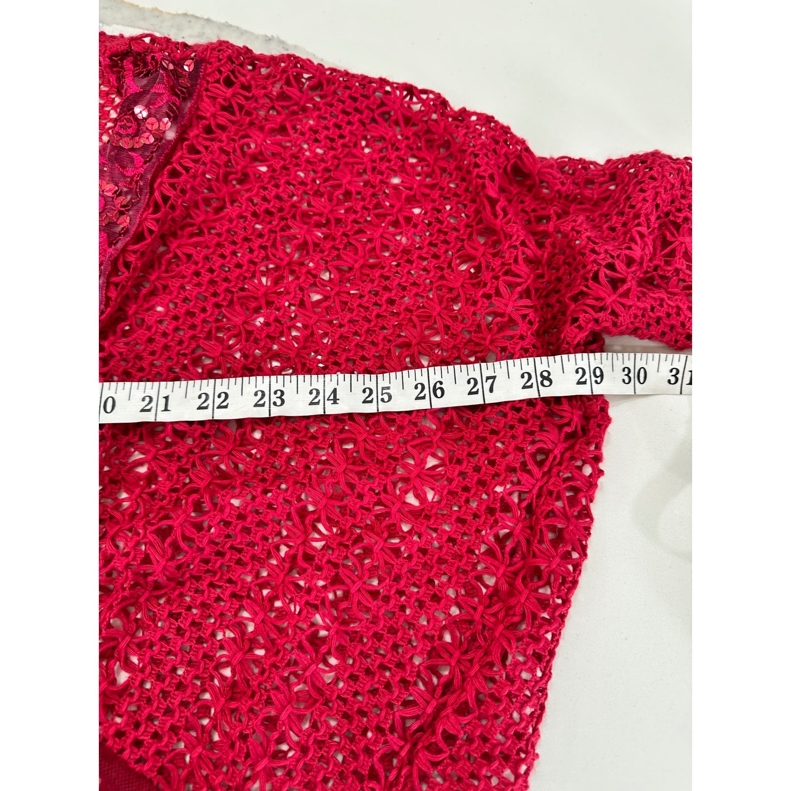 Hazel and Twine Red Lace Sequin Open Front Cardigan Bolero Shrug Sweater S
