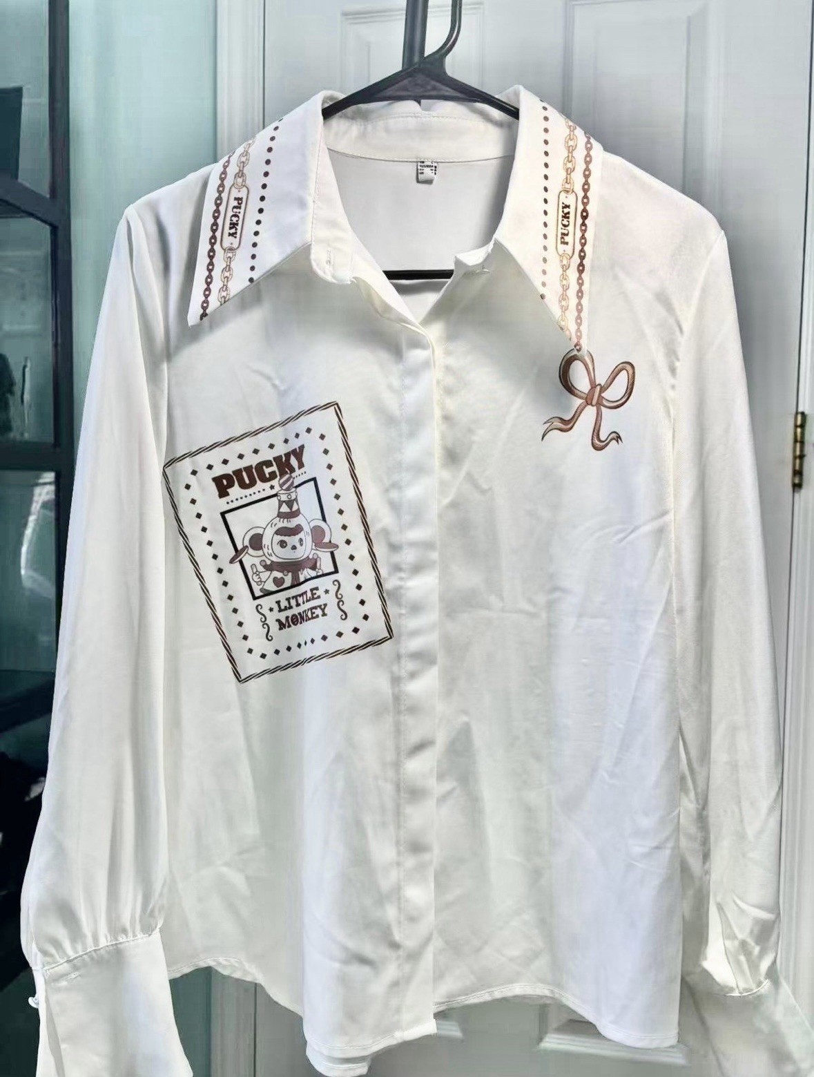 White Graphic Blouse with Ribbon Detail Cute / Vintage Style