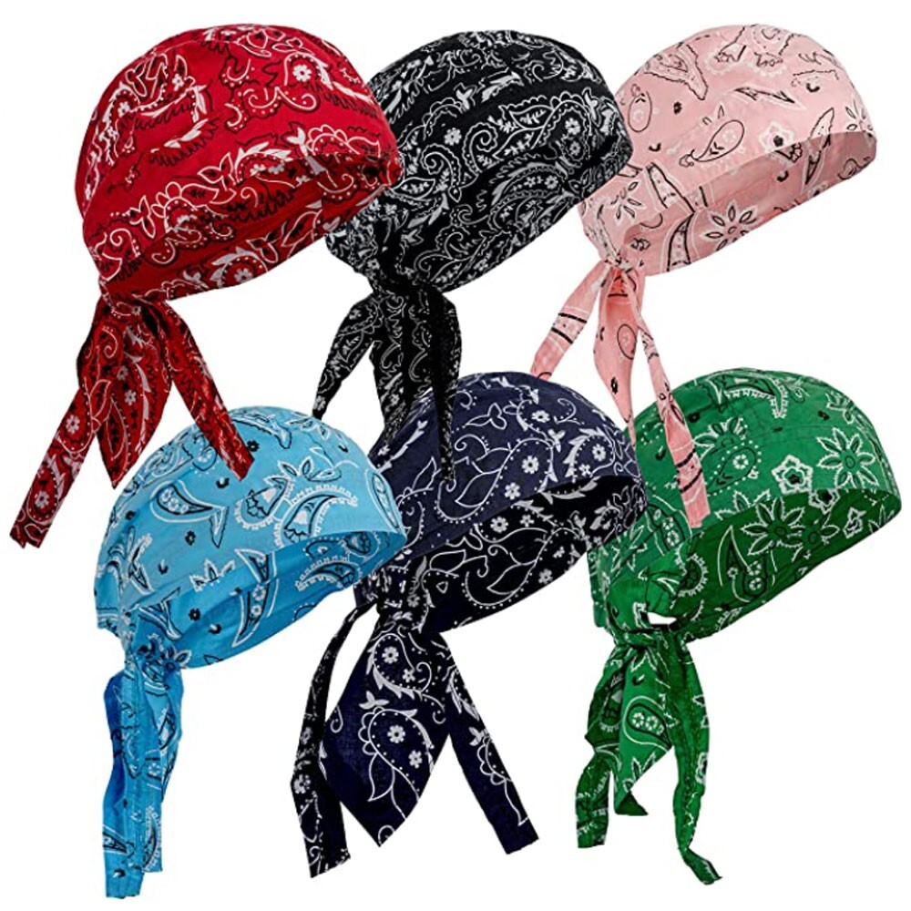 6pc Do Rag Skull Set Cap Black Cotton Du Head Wrap Motorcycle Biker Bandana
