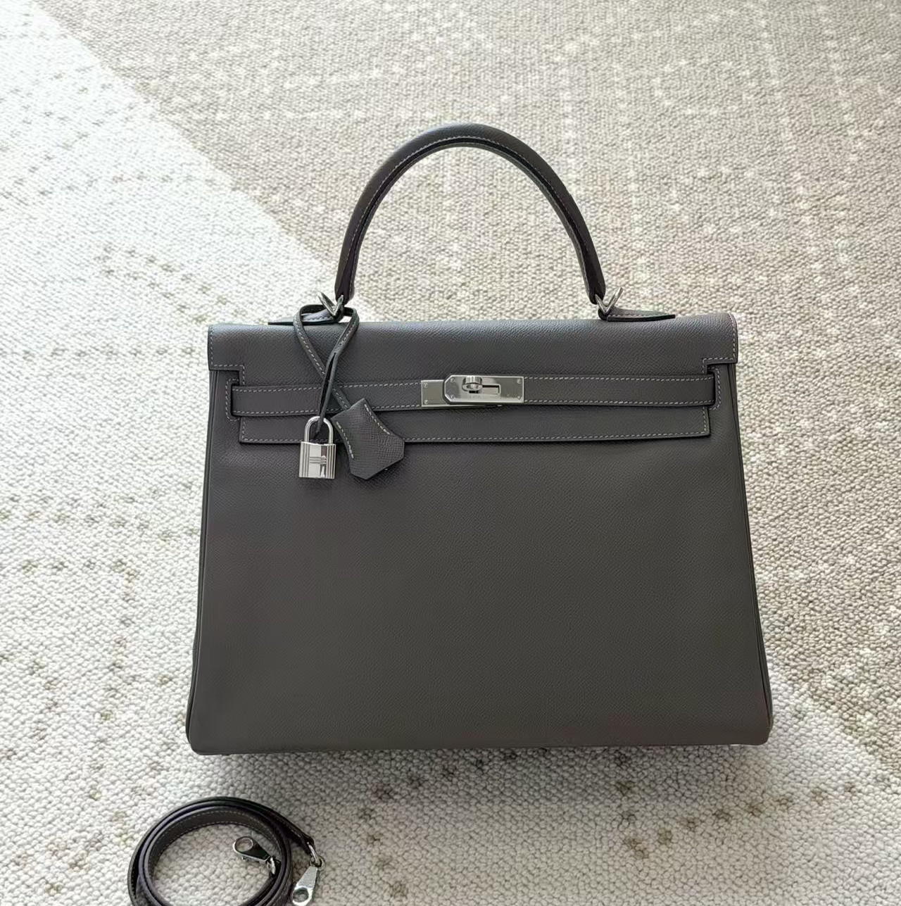 Hermes Kelly 35 Sellier Gris Etain Leather Silver Hardware Crossbody Bag Auth