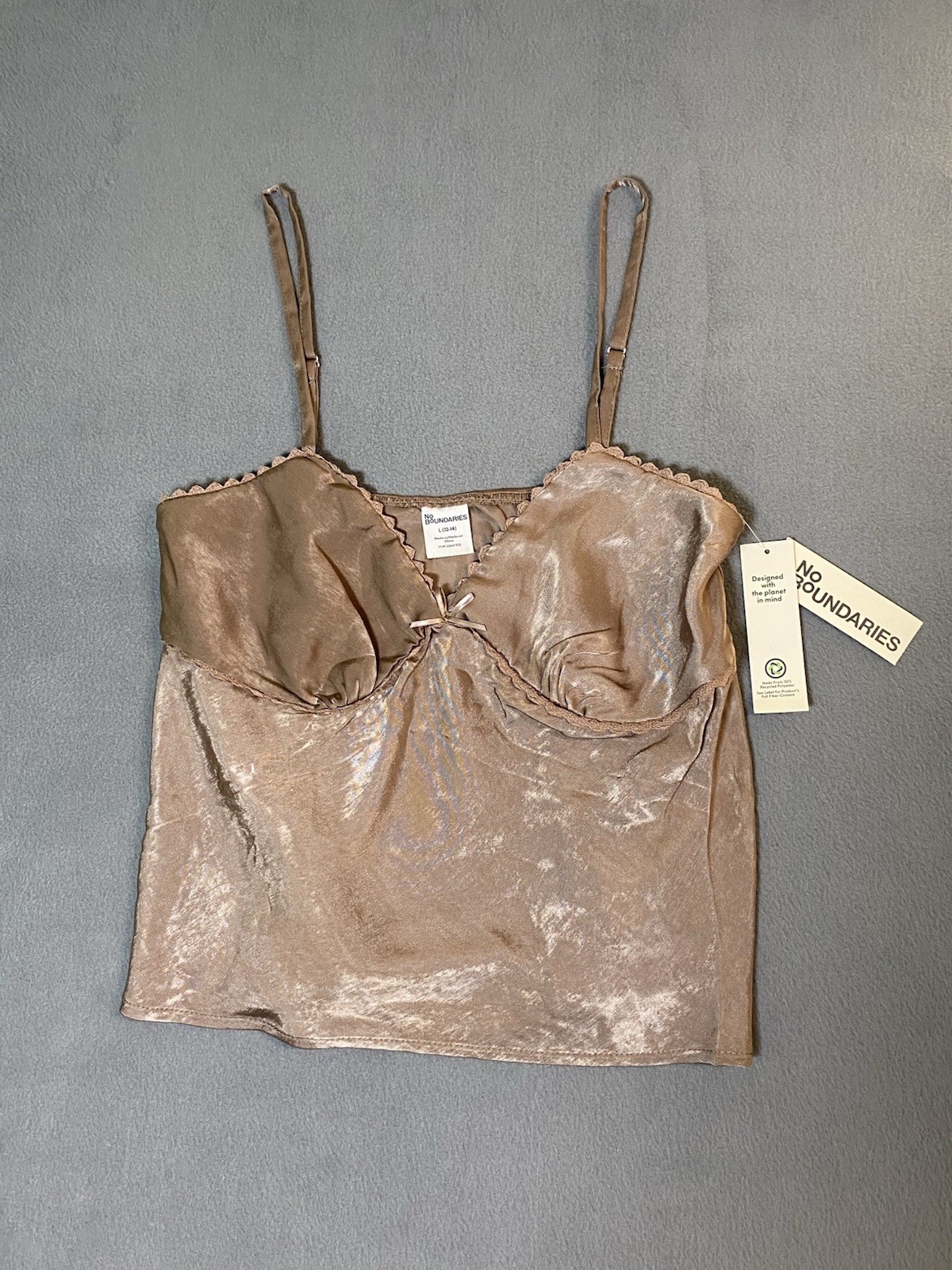 New! Satin Woven Cami In Mocha Brown Lace & Bow Detail Coquette Y2K Size L
