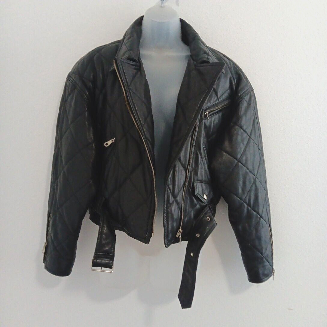 VTG Leather Jacket Womens Medium MOTO Black Belted Motorcycle Punk Rock Street