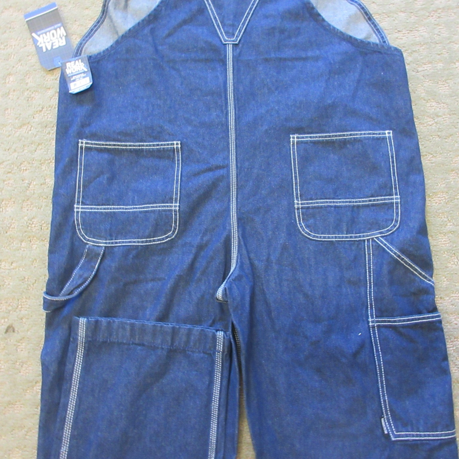 Real Work Men’s Denim Bib Overalls Carpenter Zip Fly Size 42×32 Relaxed Fit NWT