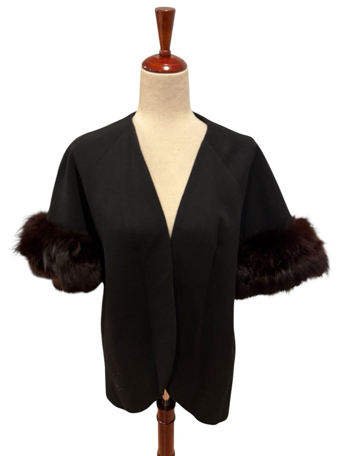 Vintage Claralura Original California Wool Fox Fur Trim Coat Black Womens Medium