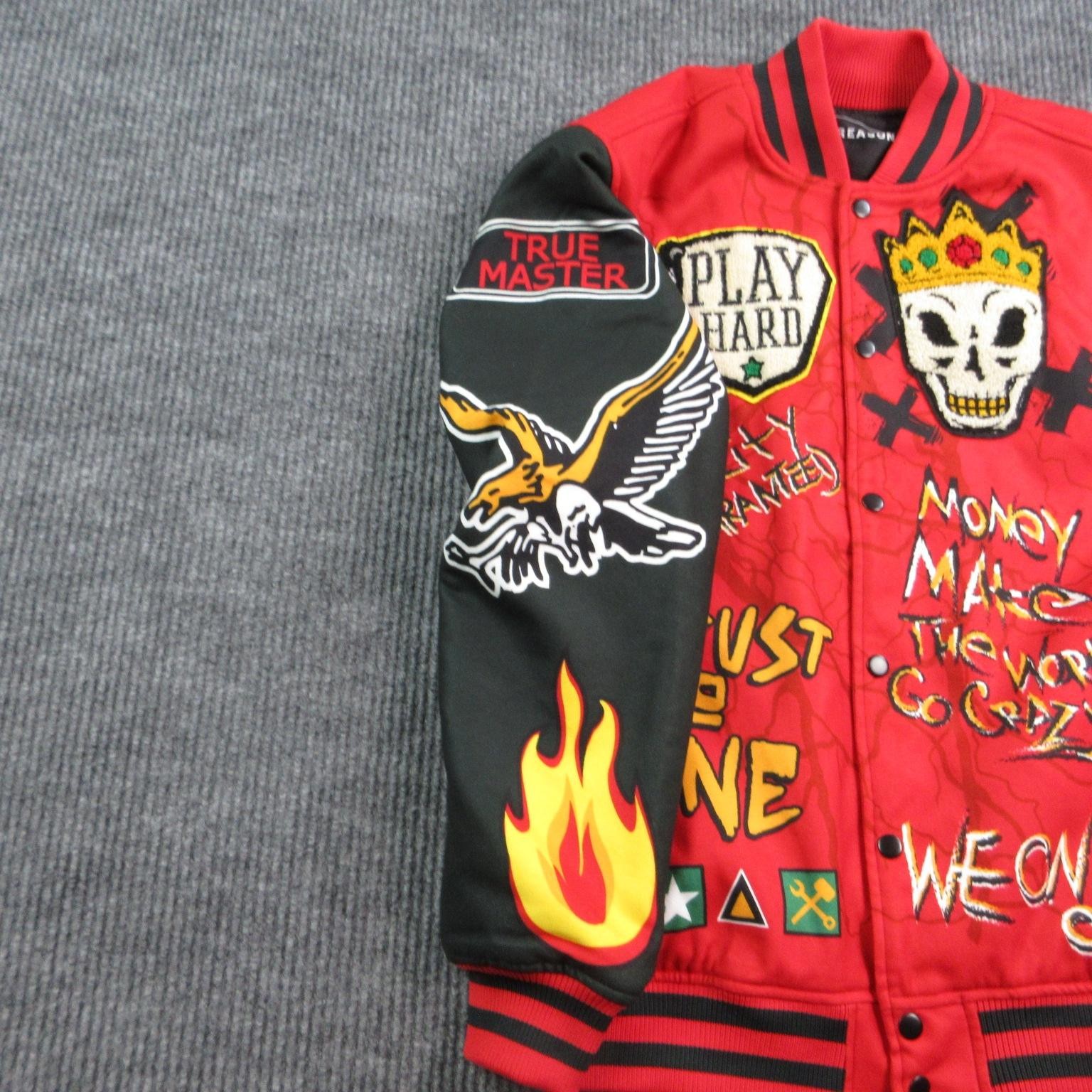Reason Jacket Mens M Red Varsity Lined Pockets Embroidered Logo RER5-009 NWT