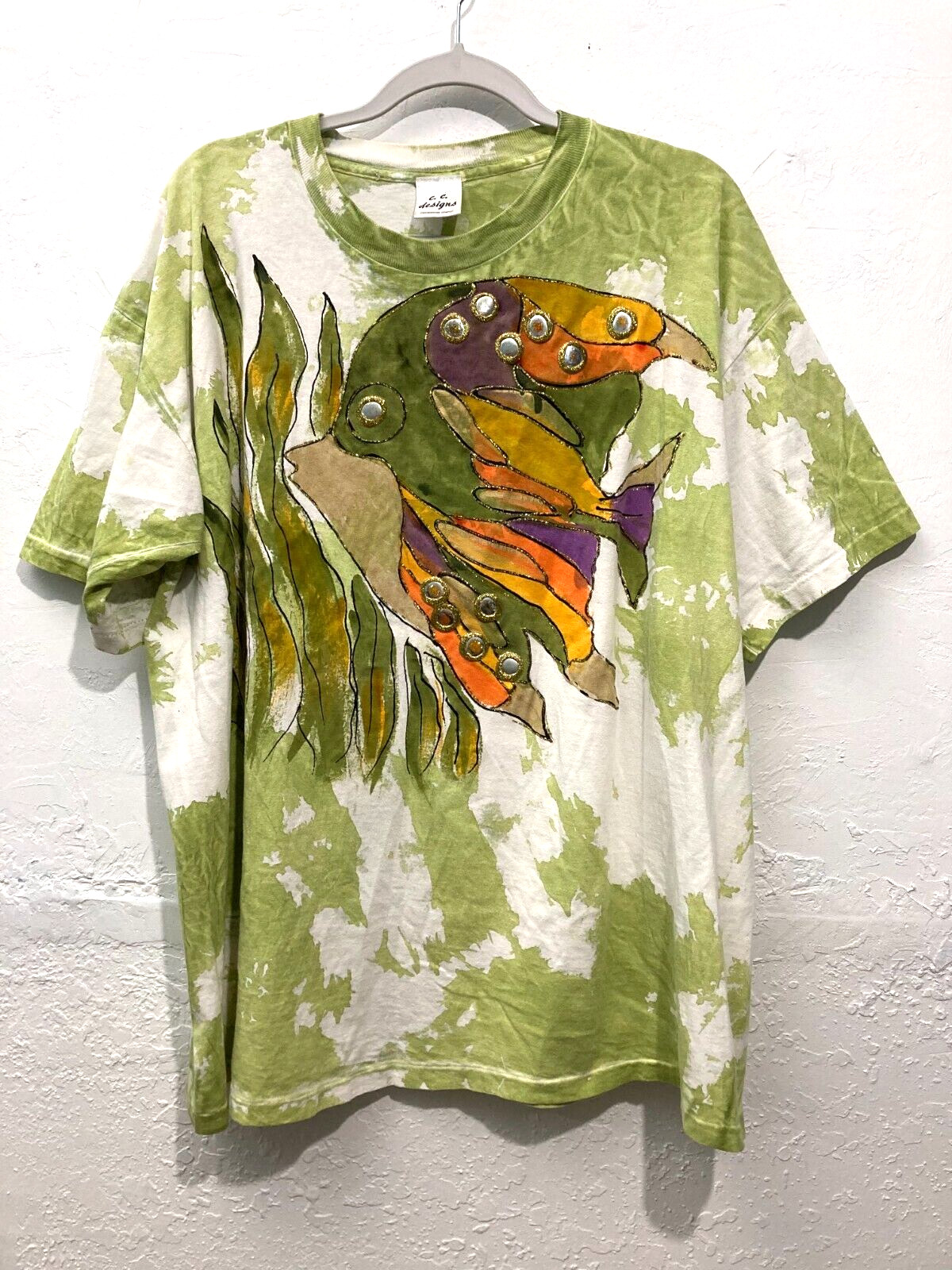 Vintage C.C designs Hand Painted Original Womens T-Shirt Wearable Art Fish OS