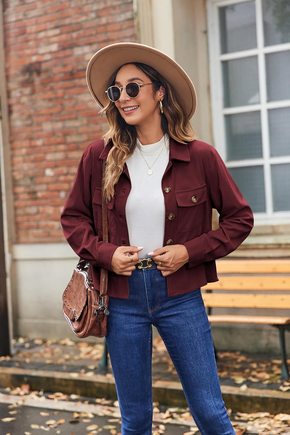 Women Cropped Corduroy Shackets Button Down Jackets Tops Fall long Sleeve Shirt